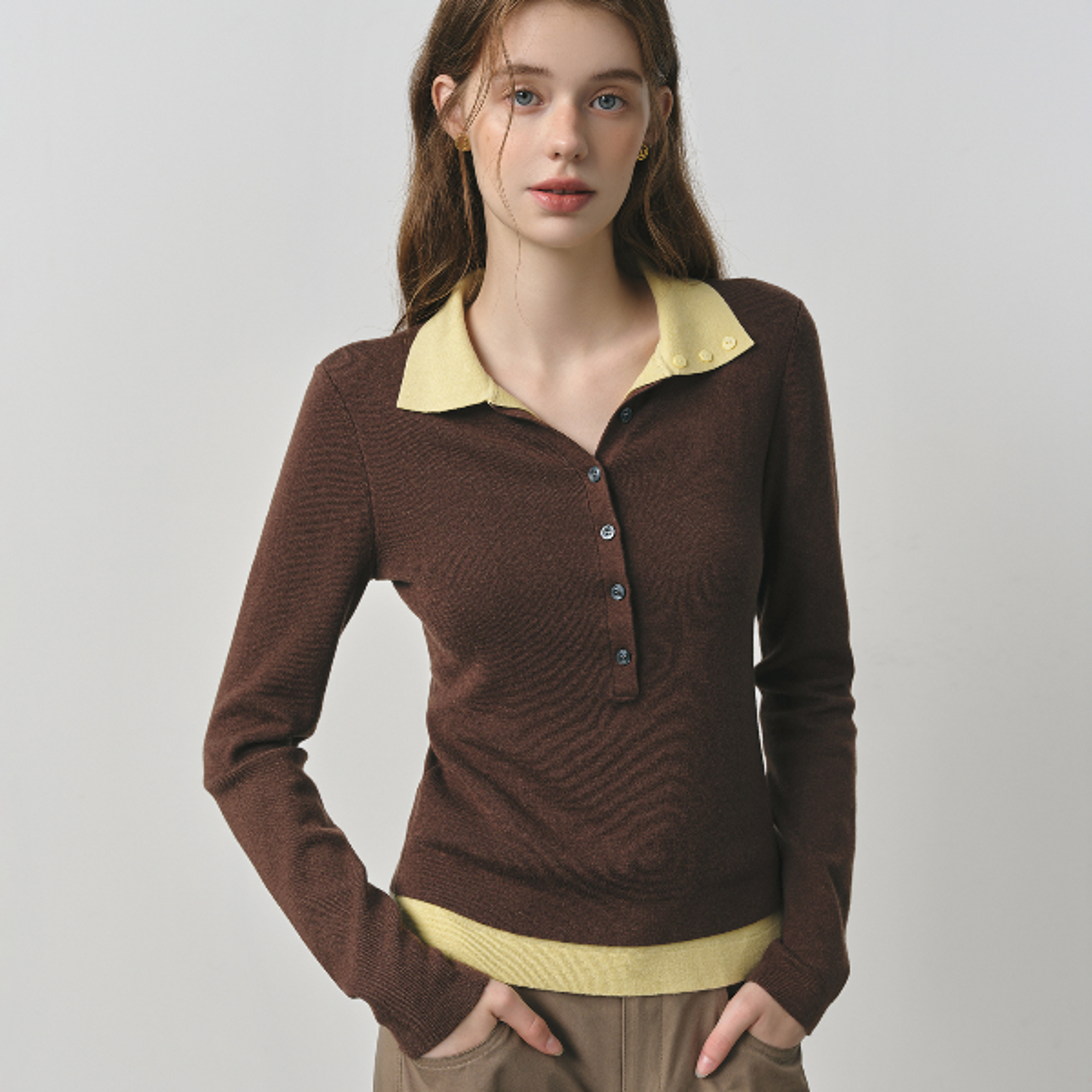 new autumn women's knitted sweater, vintage cozy cable knit top, color block barenia style, fake two-pieces turn collar