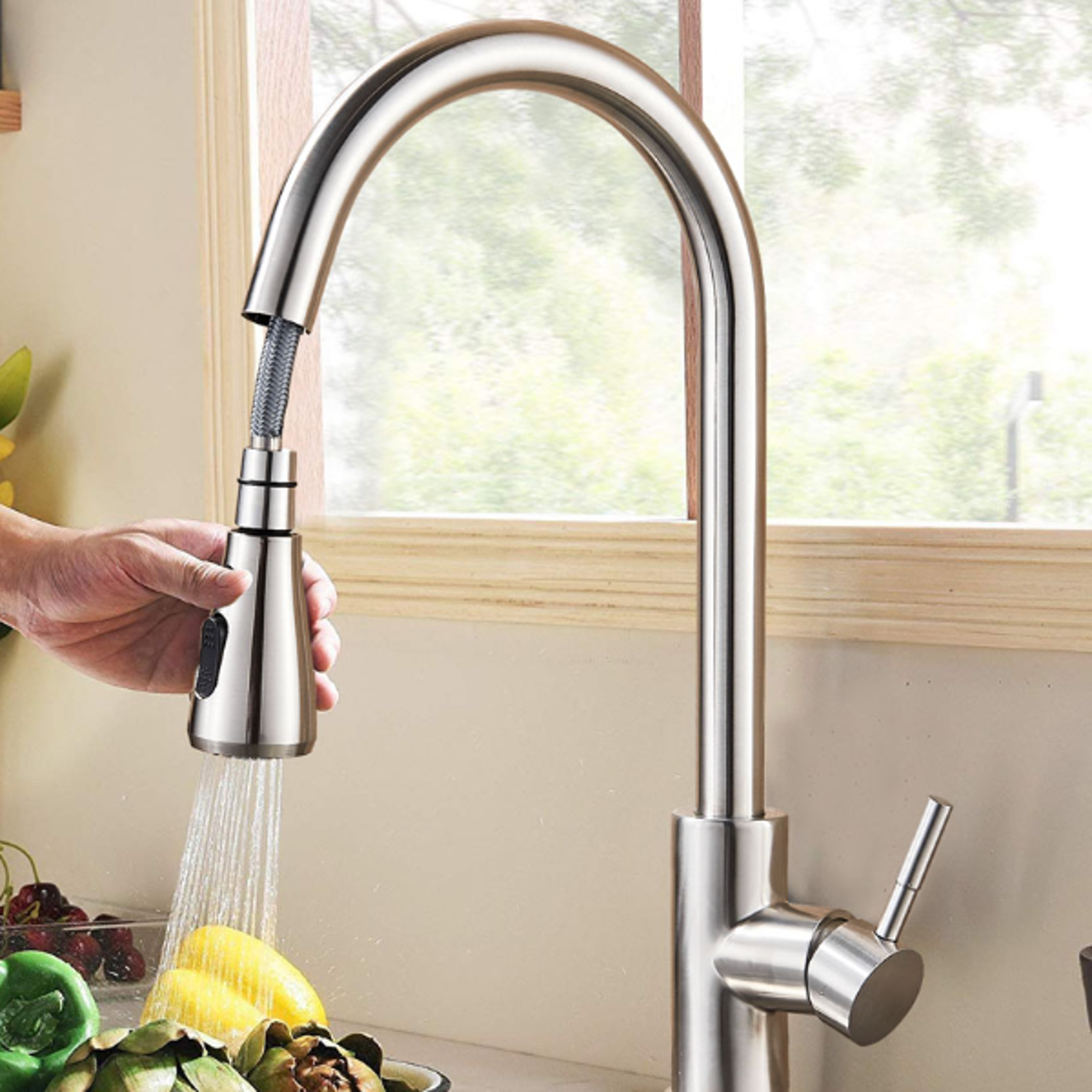 kitchen sink mixer tap stream, flexible pull out nozzle, black hot cold water taps, sprayer head deck