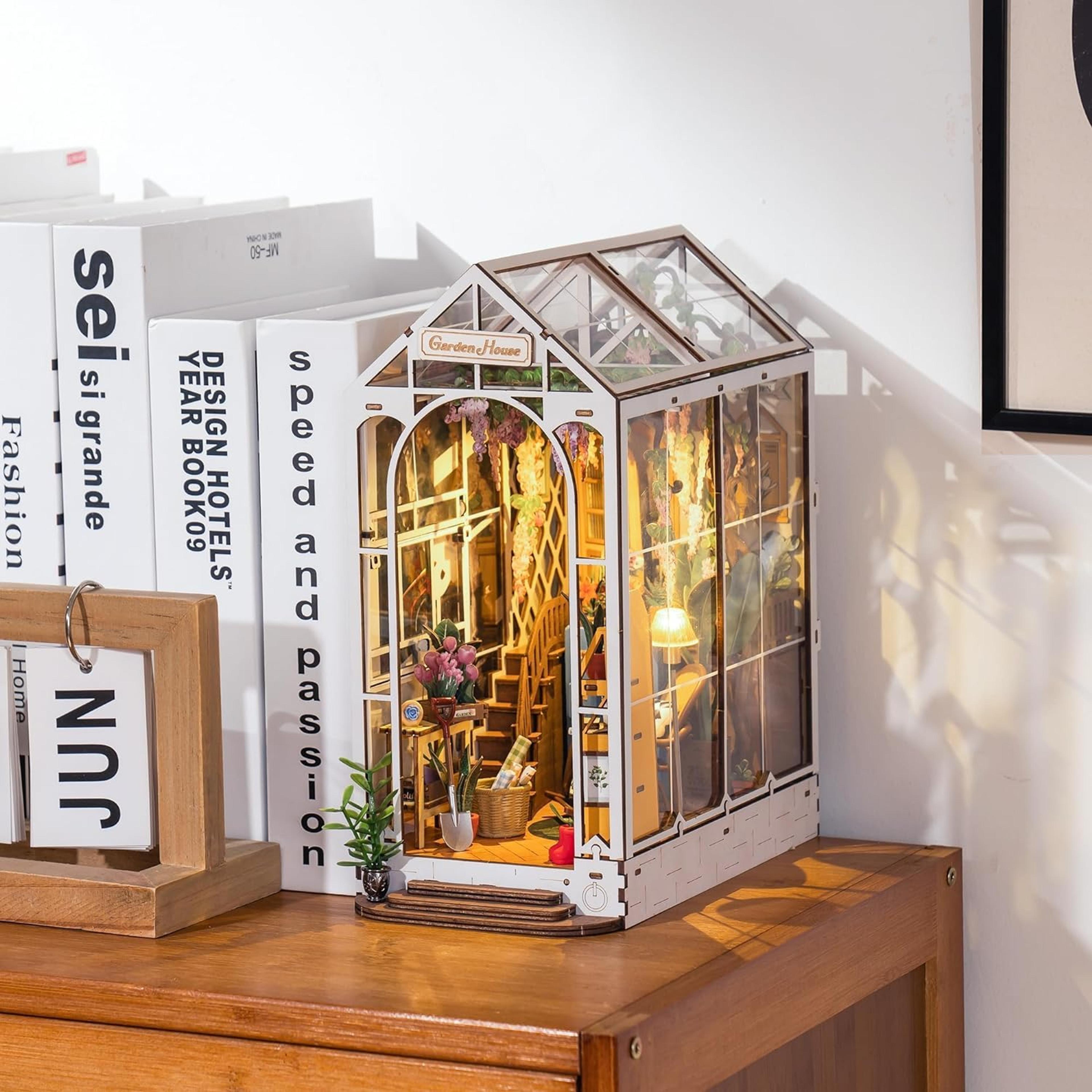 bookend model kit gardenhouse diy wooden puzzle with led light for shelf decor