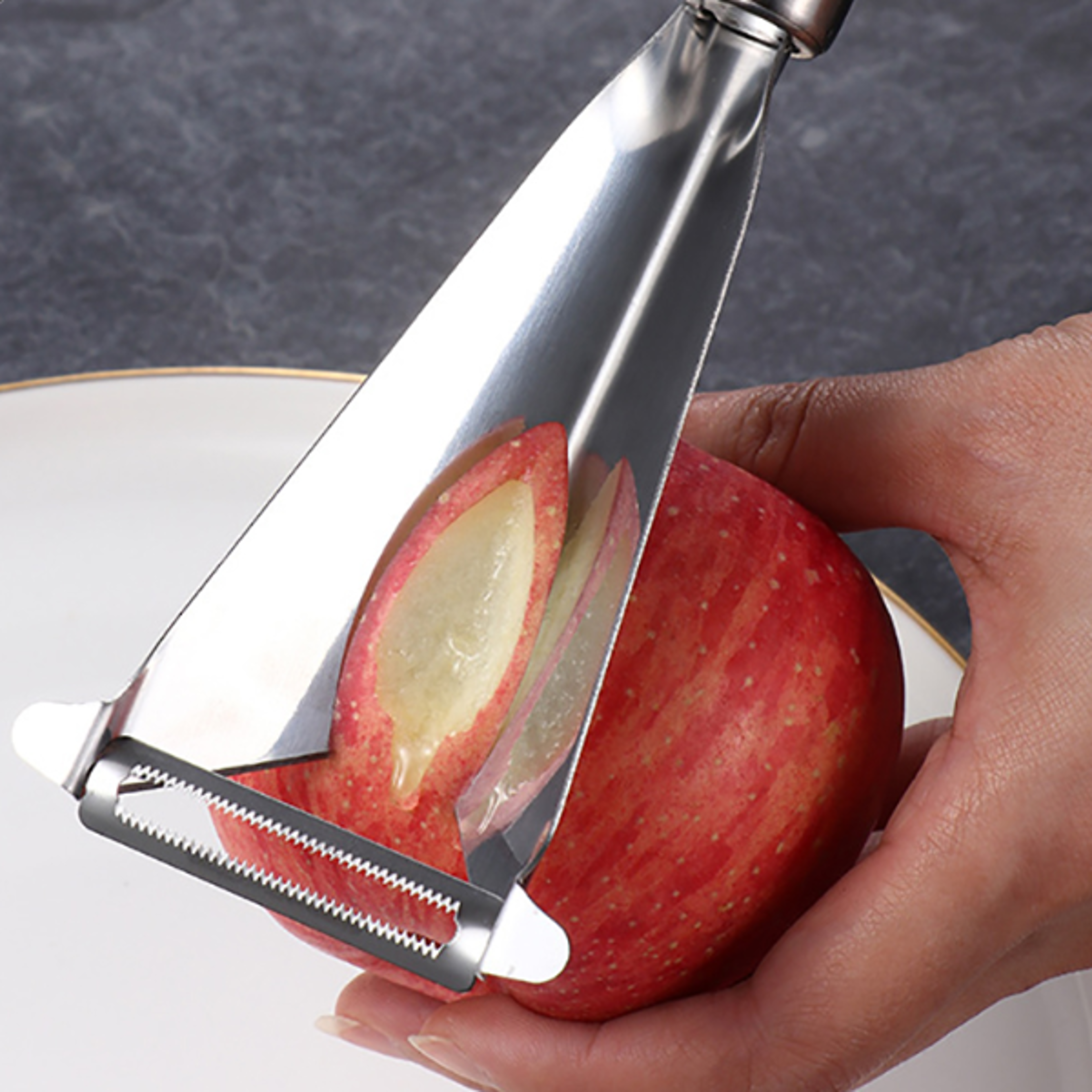 stainless steel fruit carving knife, triangular shape vegetable slicer, antislip engraving blades for kitchen use
