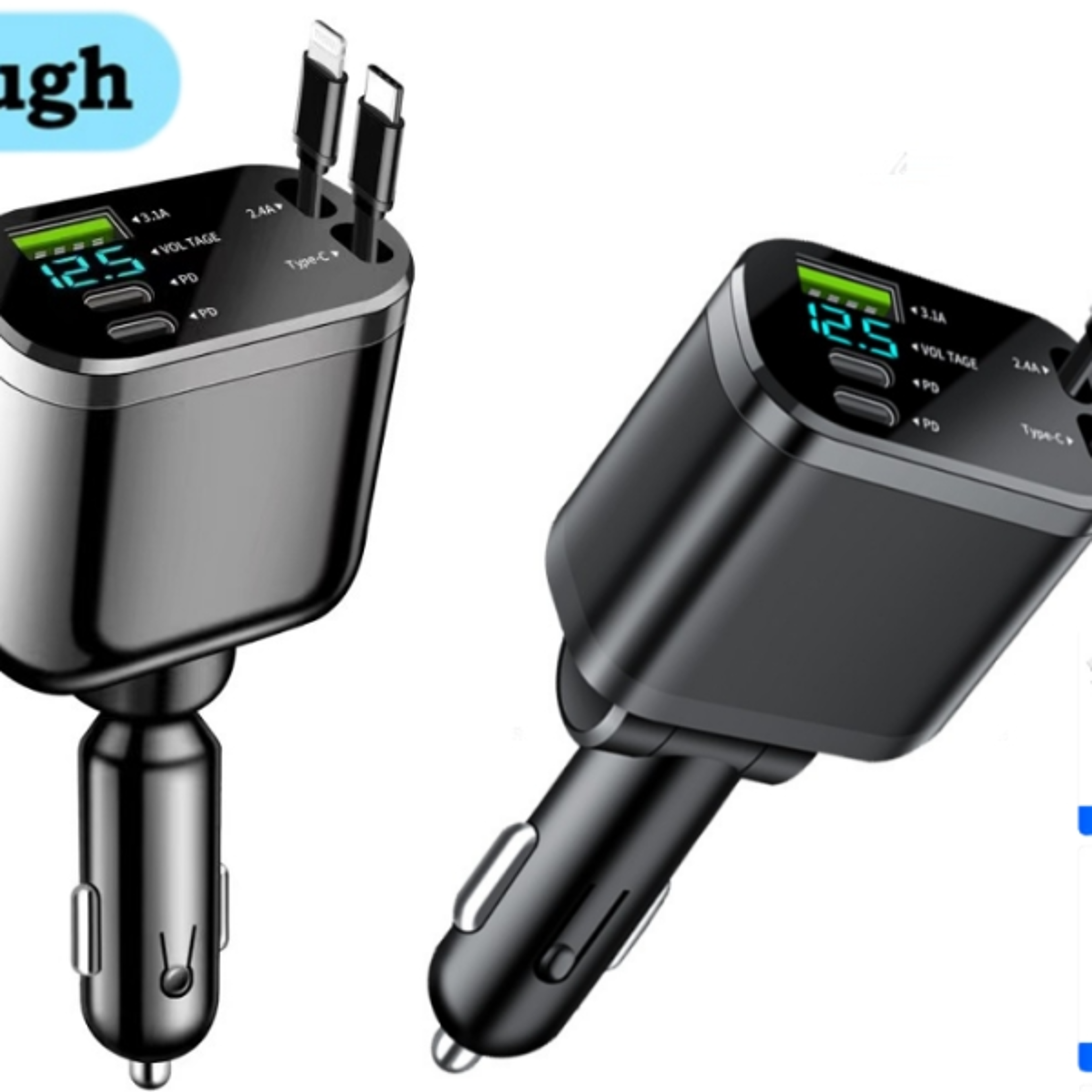 car charger for iphone samsung xiaomi, adapter fast charging type c to lightning, retractable cord