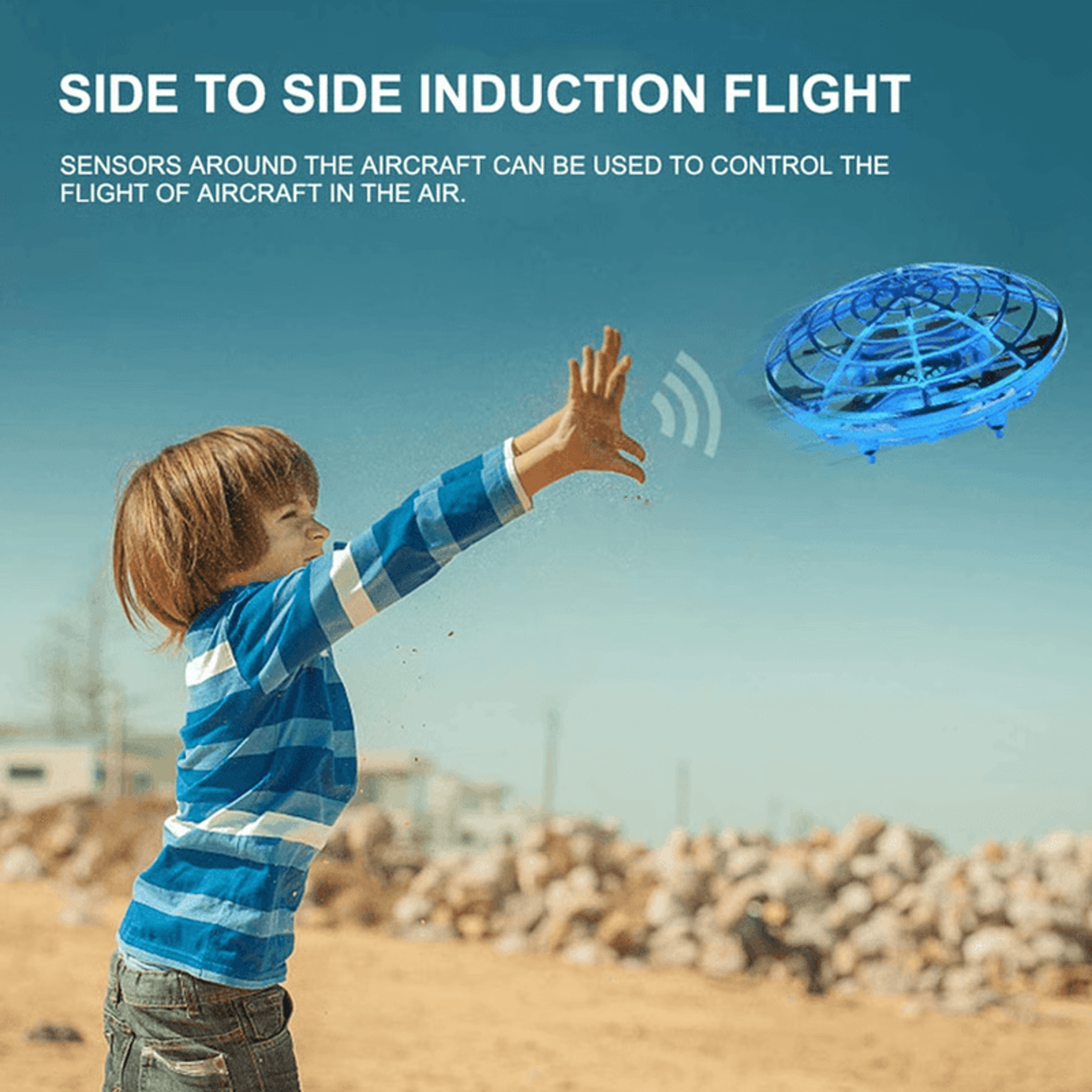 Closeup of the UFO drone toy in flight with glowing LED lights