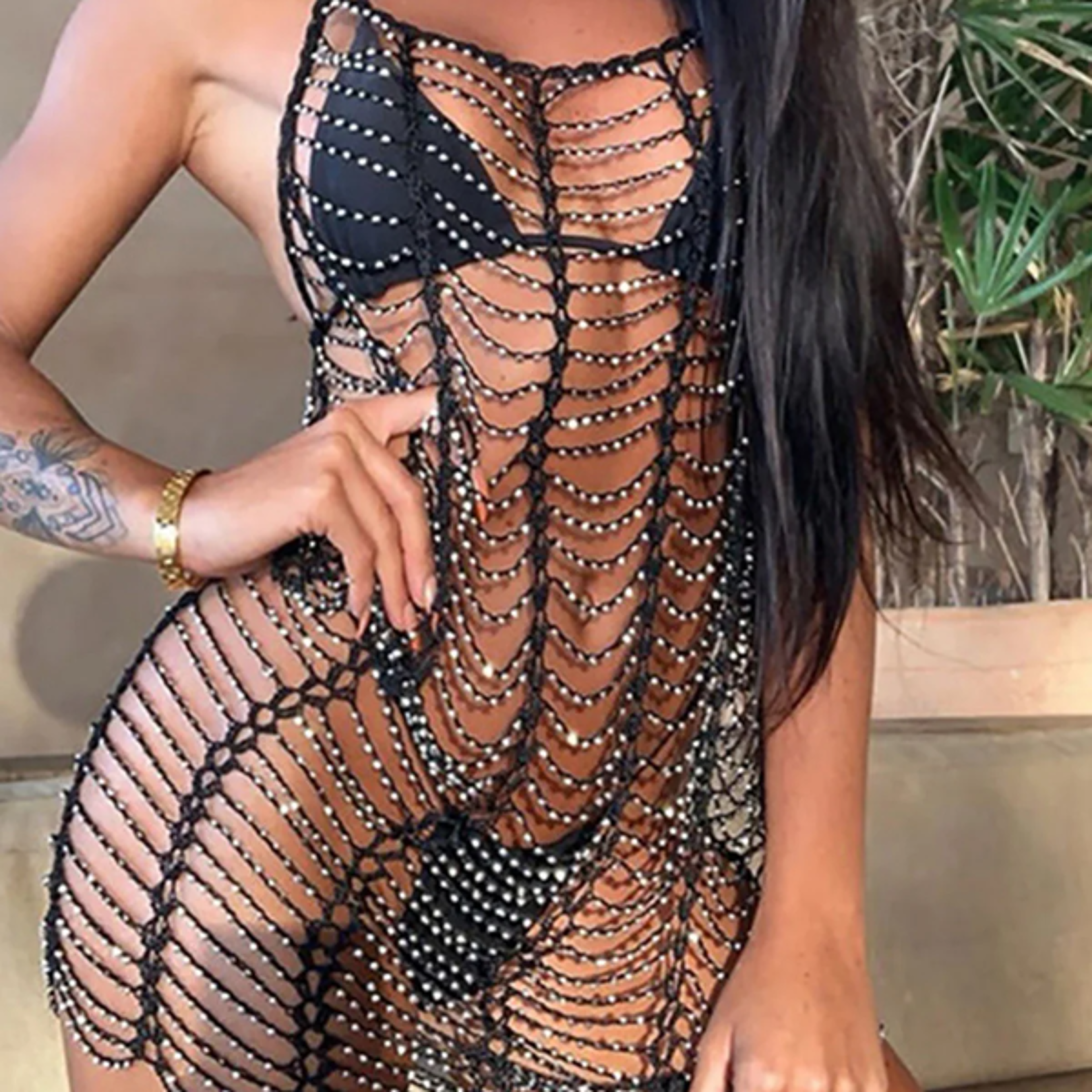 diamond rhinestones hollow out tunic, luxury beach dress, cover-ups, beach wear, female summer outfit