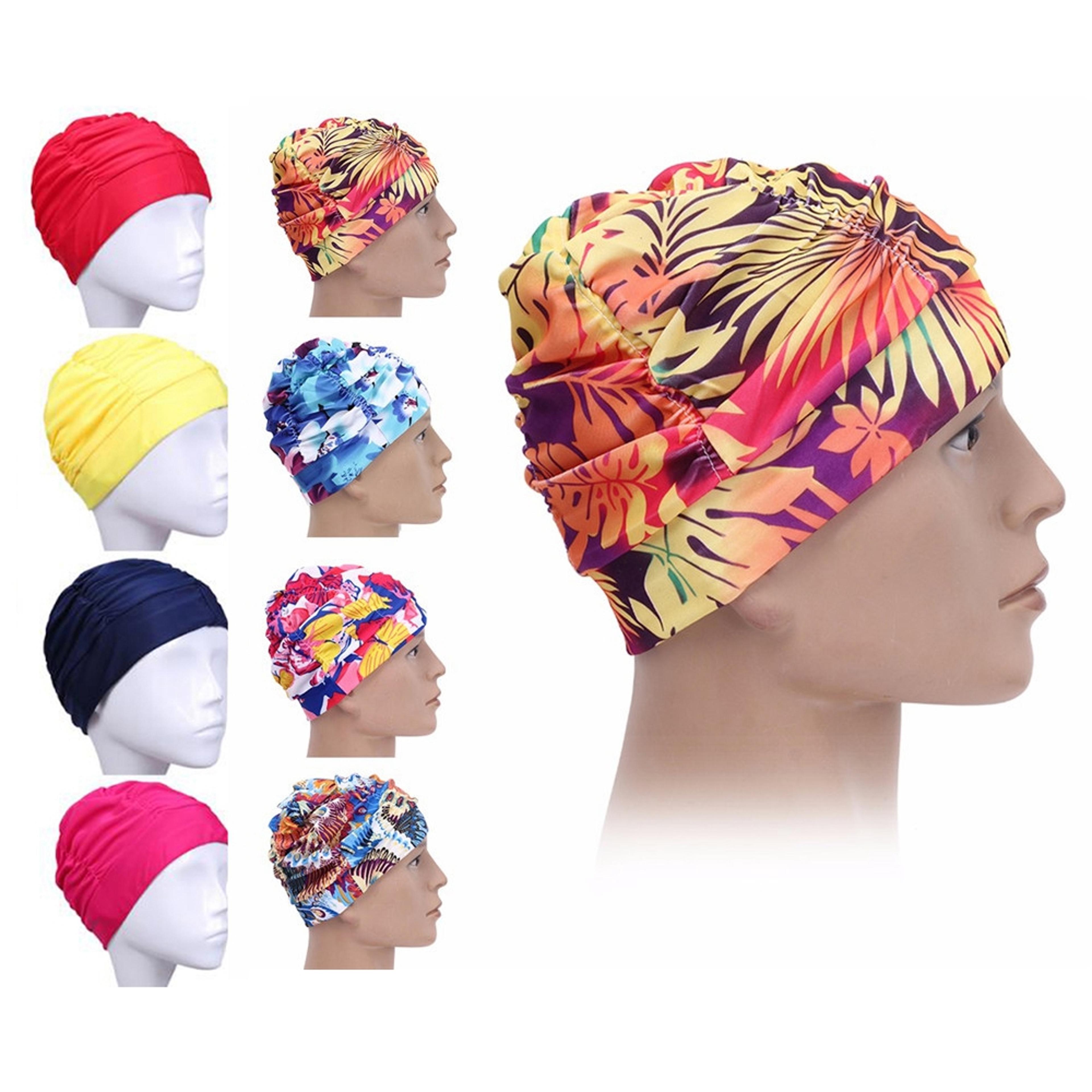 elastic nylon turban, flowers printed swimming cap, long hair sports swim pool bathing hat for men & women