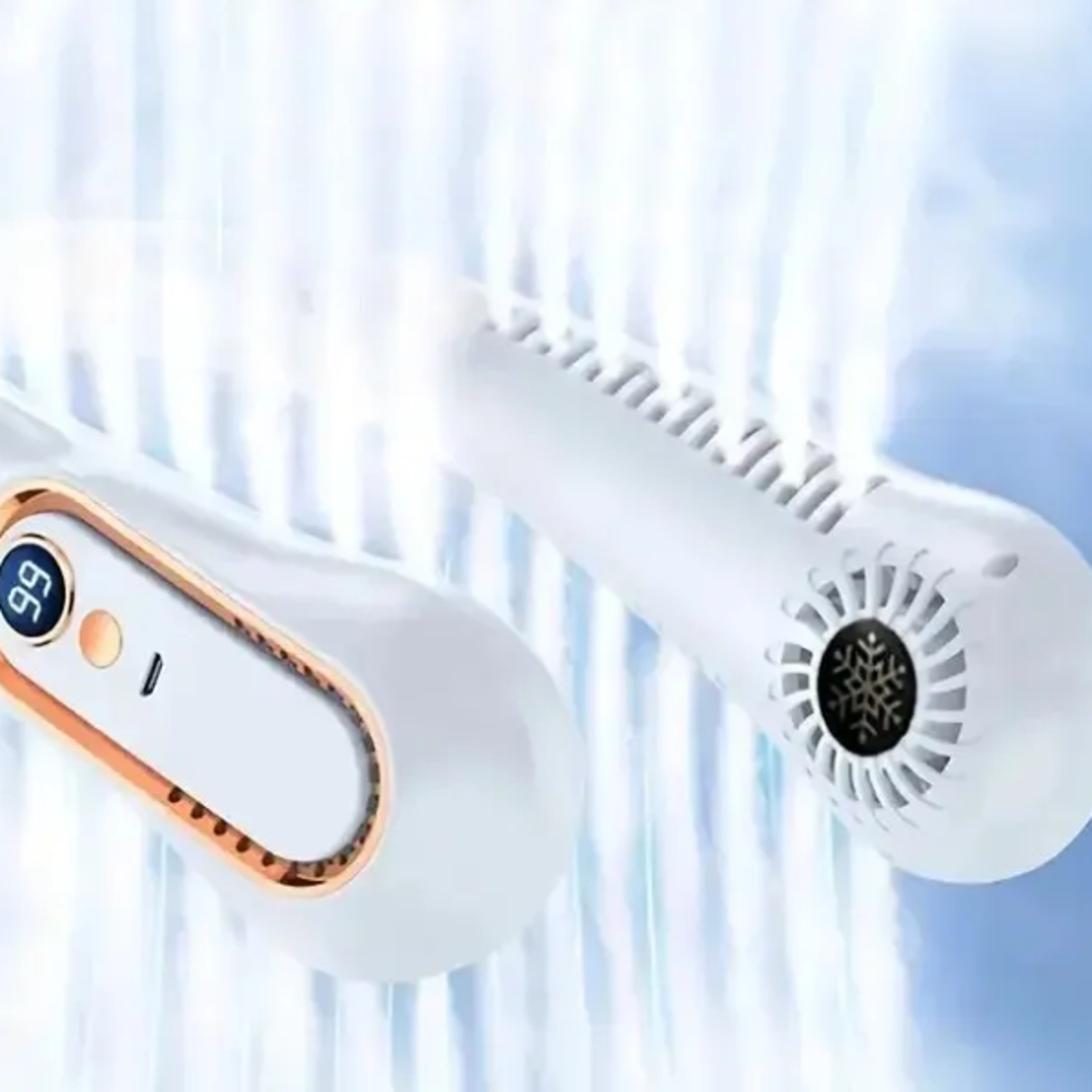 portable vaneless hanging neck fan with usb cooler, digital display, adjustable speeds and bladeless technology
