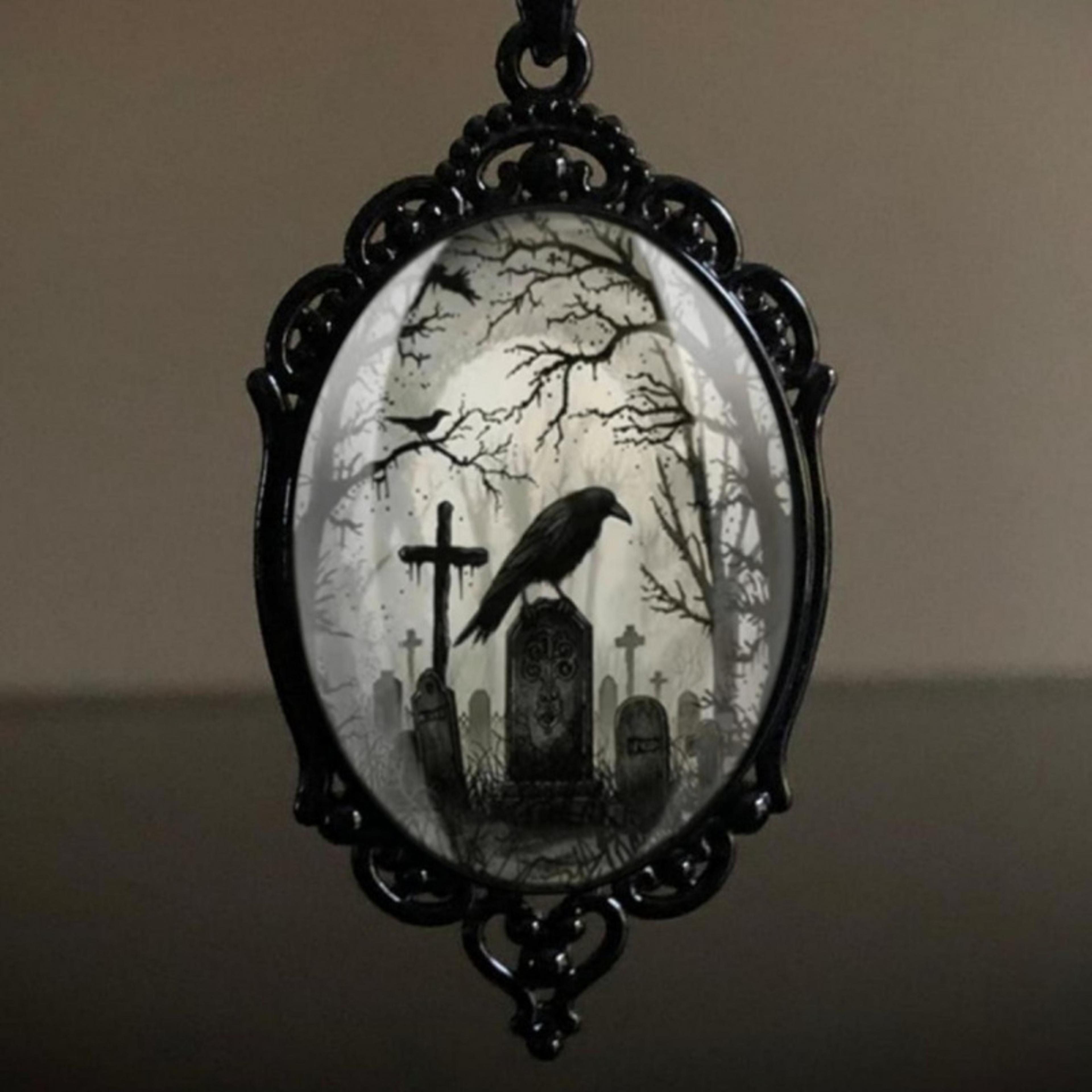 gothic crow cross pendant necklace, black tombstone necklace, halloween party decoration accessories