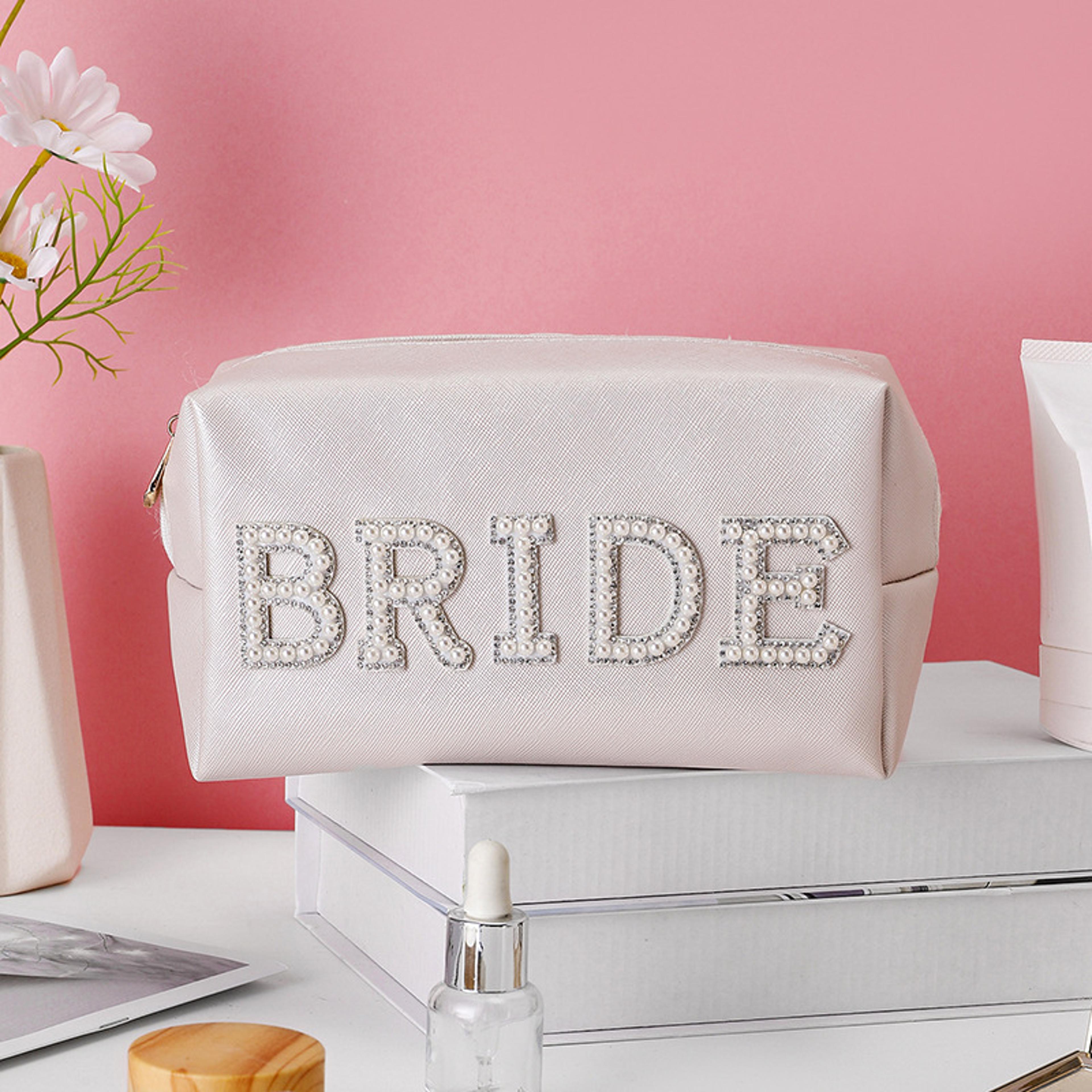 hen party bachelorette decor, bride to be pearl makeup bag, sparkling pouch for wedding gift