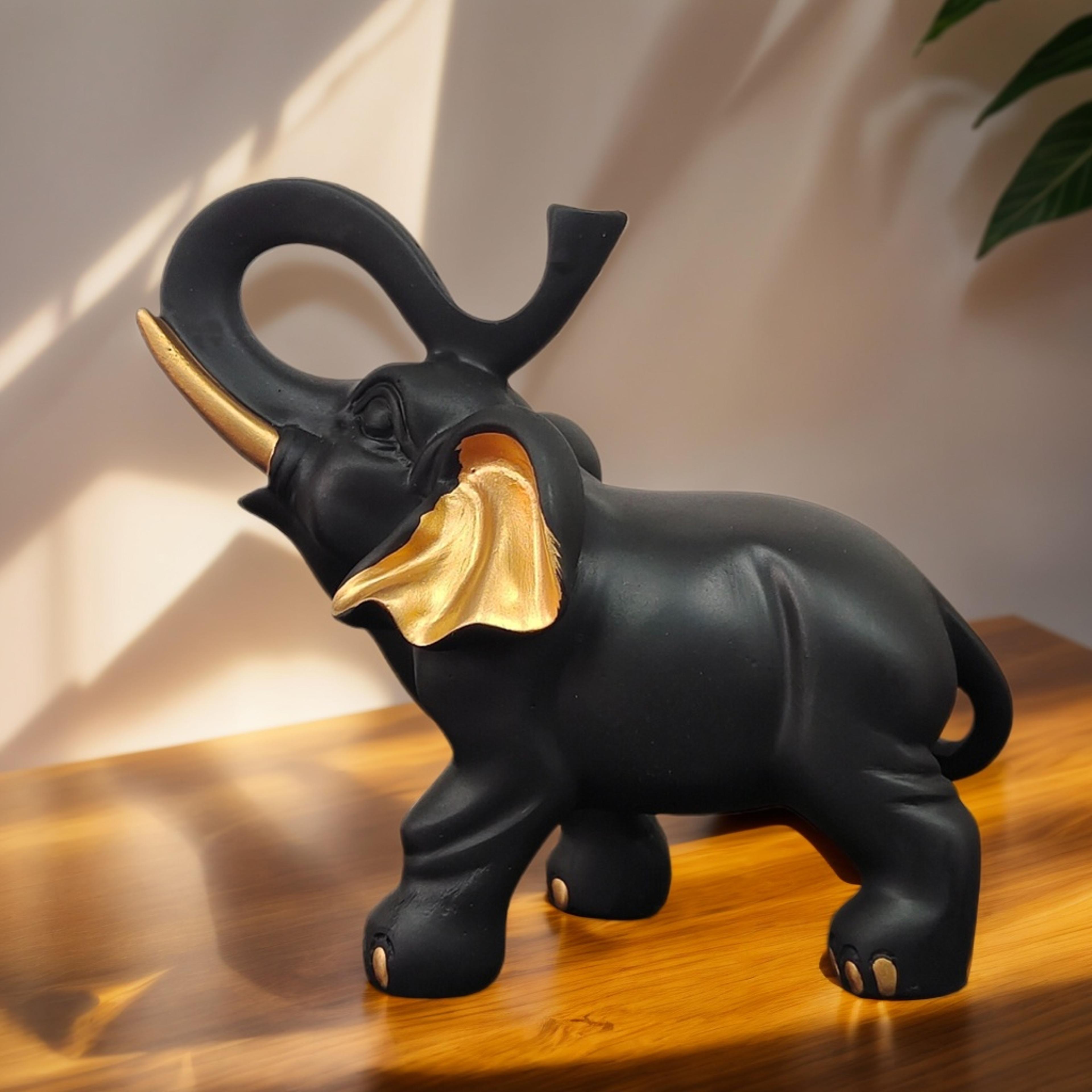 living room desktop decoration, black gold lucky elephant statue ornament, home soft display