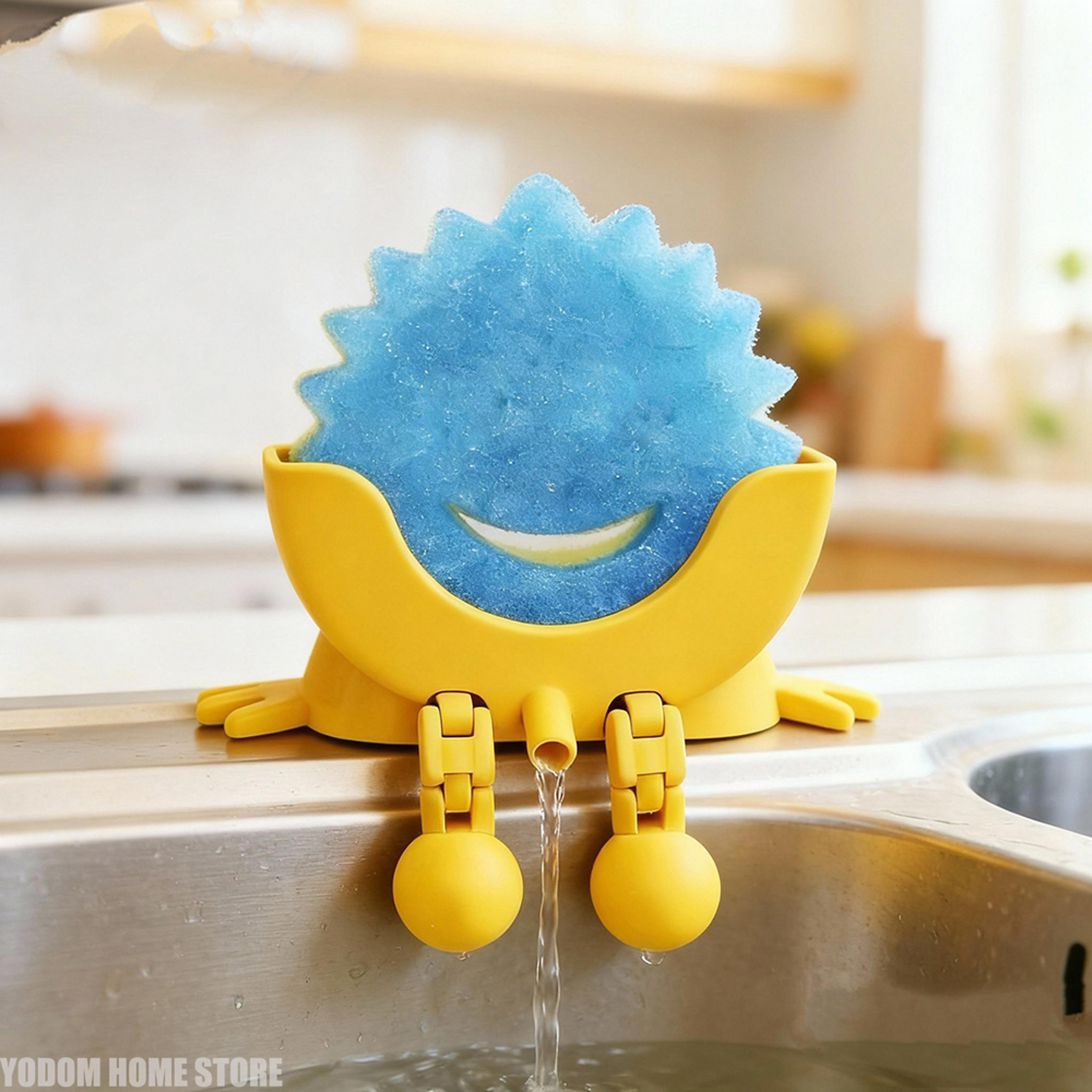 adjustable drain rack holder, smiling sponge holder with drain, kitchen soap storage organizer