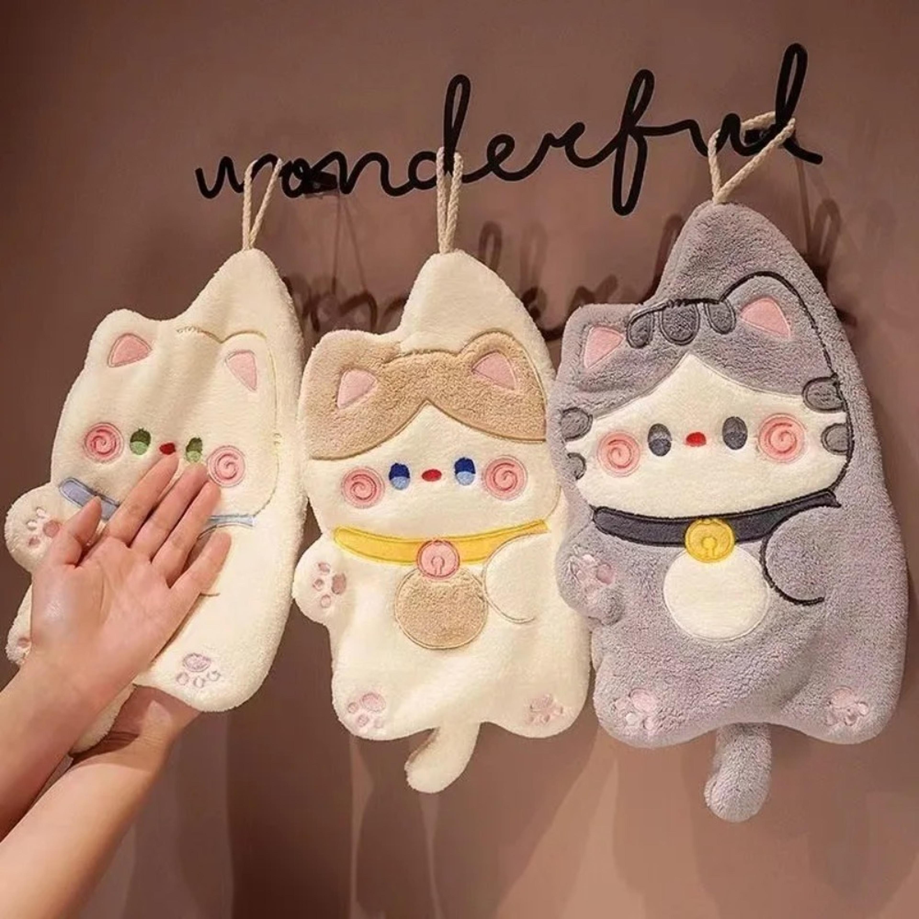 coral velvet cute cat hand towel, quick drying kitchen cleaning rag, absorbent cartoon animal bathroom towel