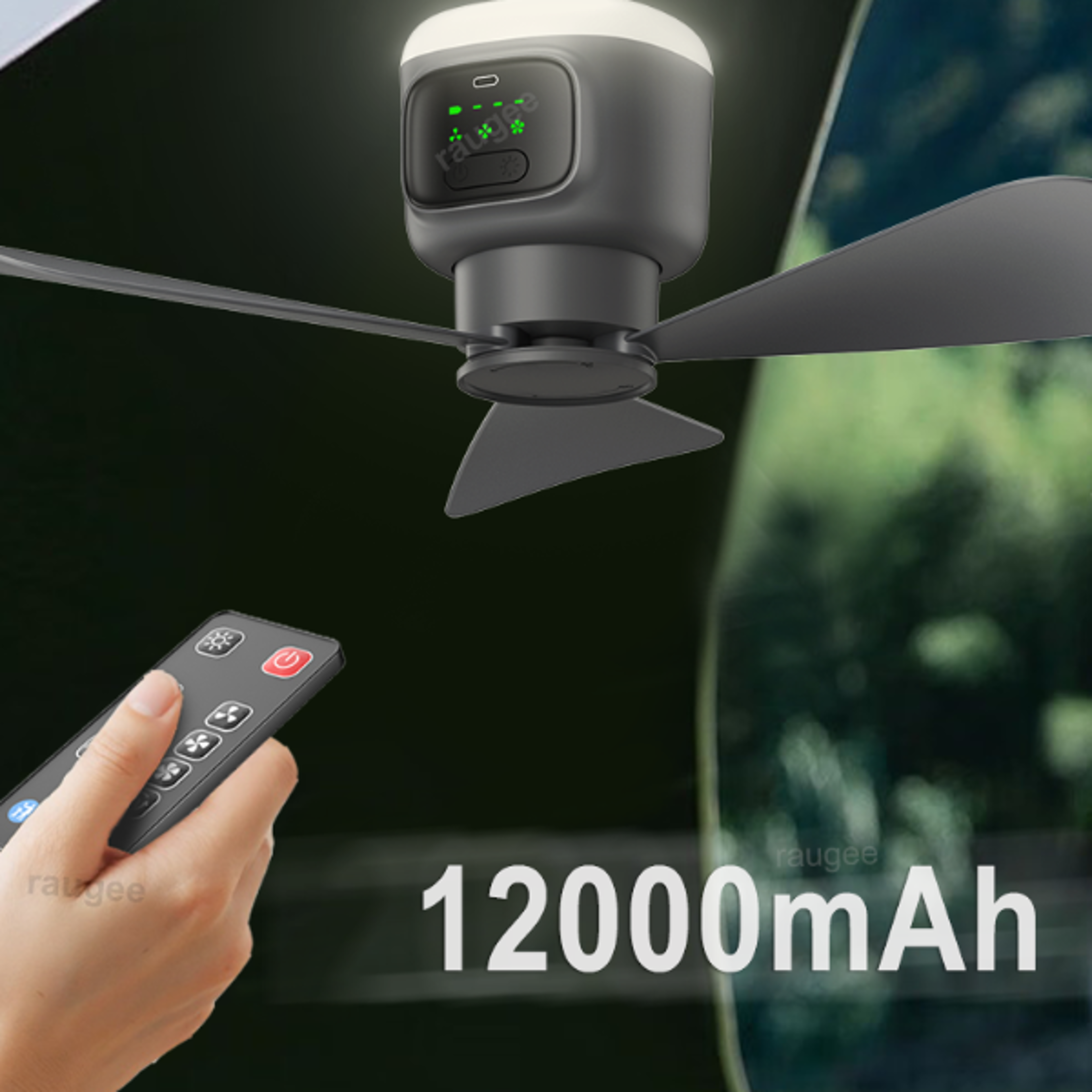 portable camping fan, ceiling fans for tent, air circulator cooler, rechargeable electric fan with led light & remote