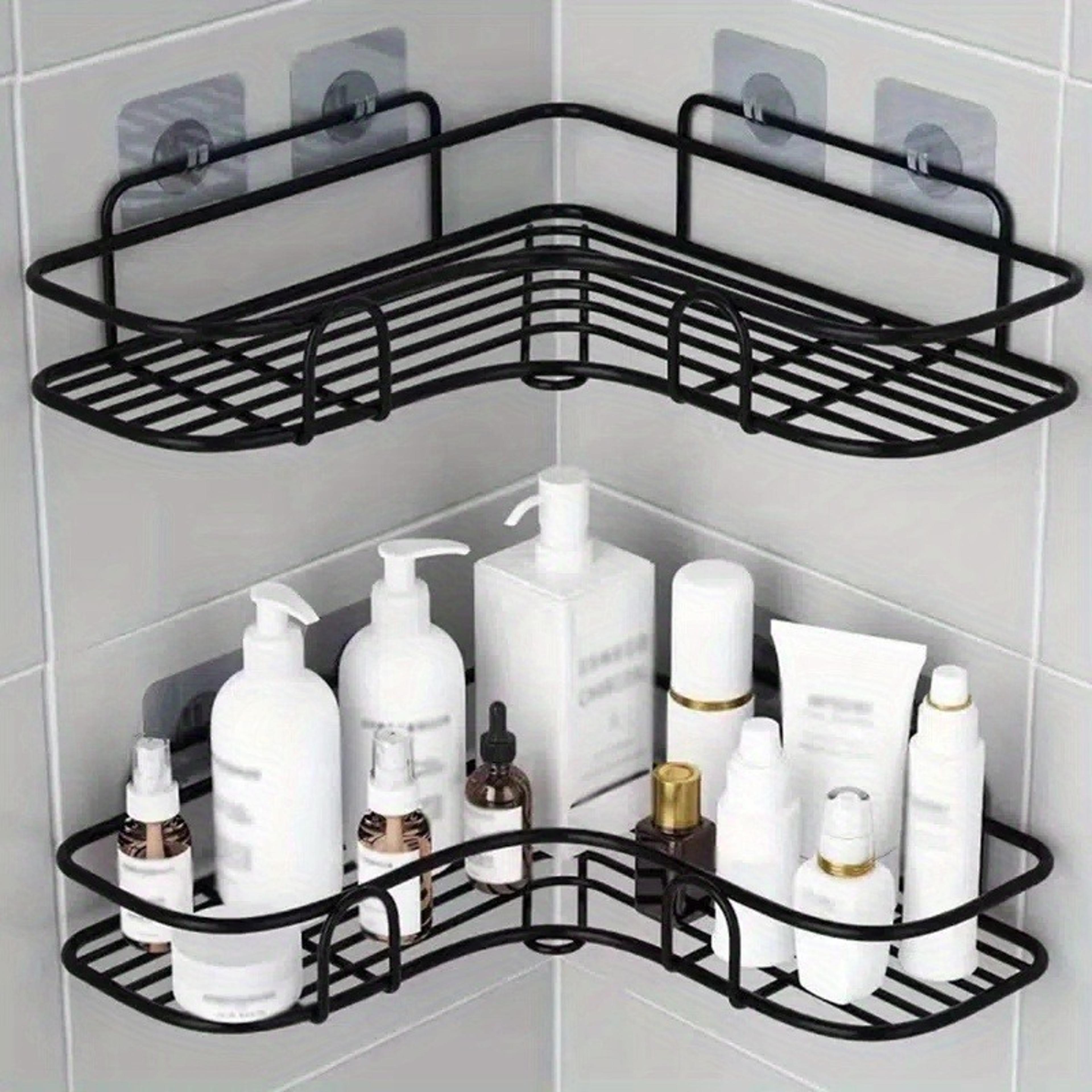 triangular space saving corner shower rack, no drilling bathroom organizer, ideal for shampoo and soap storage
