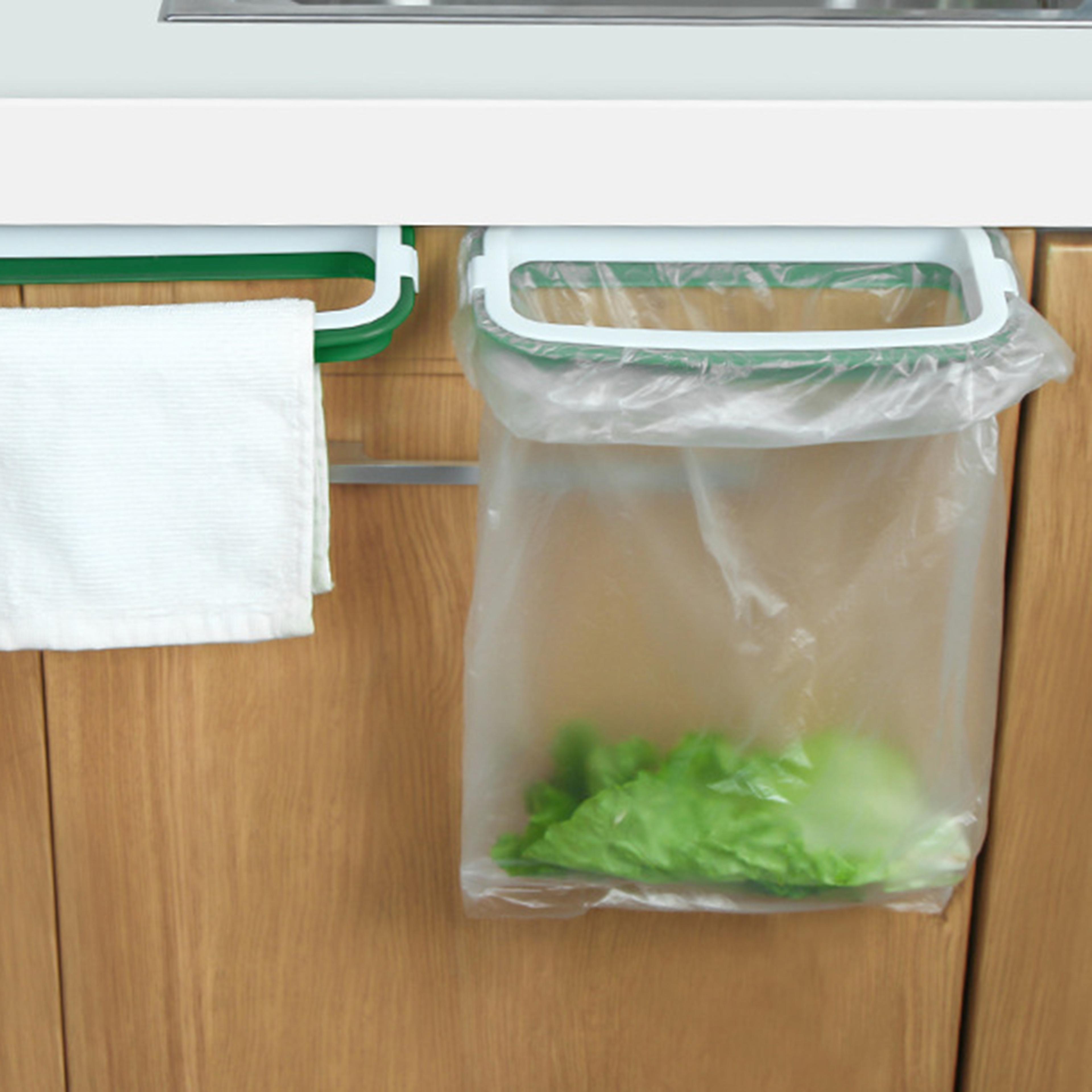 garbage container, kitchen under sink, trash bag rack with hooks for cleaning cloths