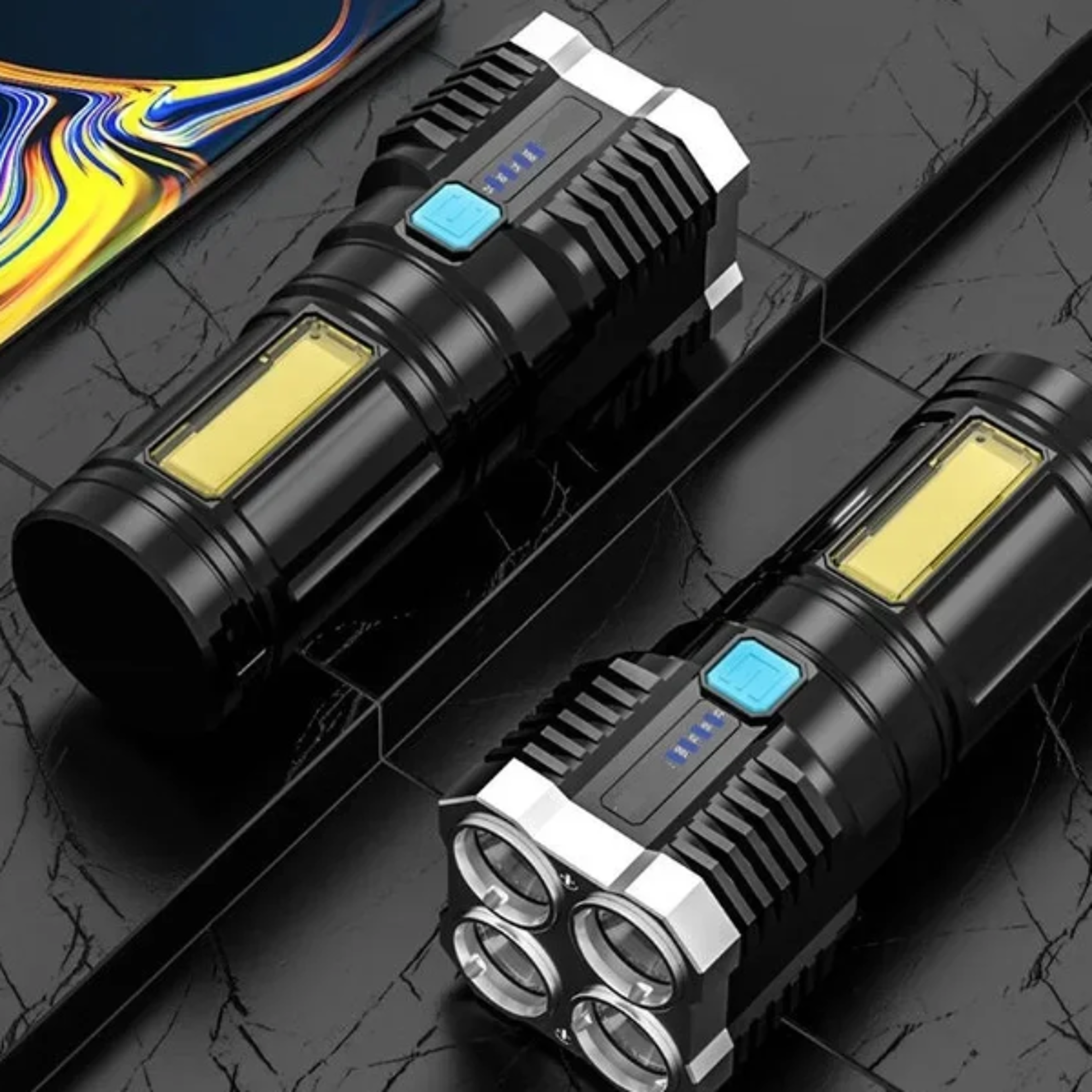 high power led flashlight camping torch, usb rechargeable, cob side light, portable hand lantern