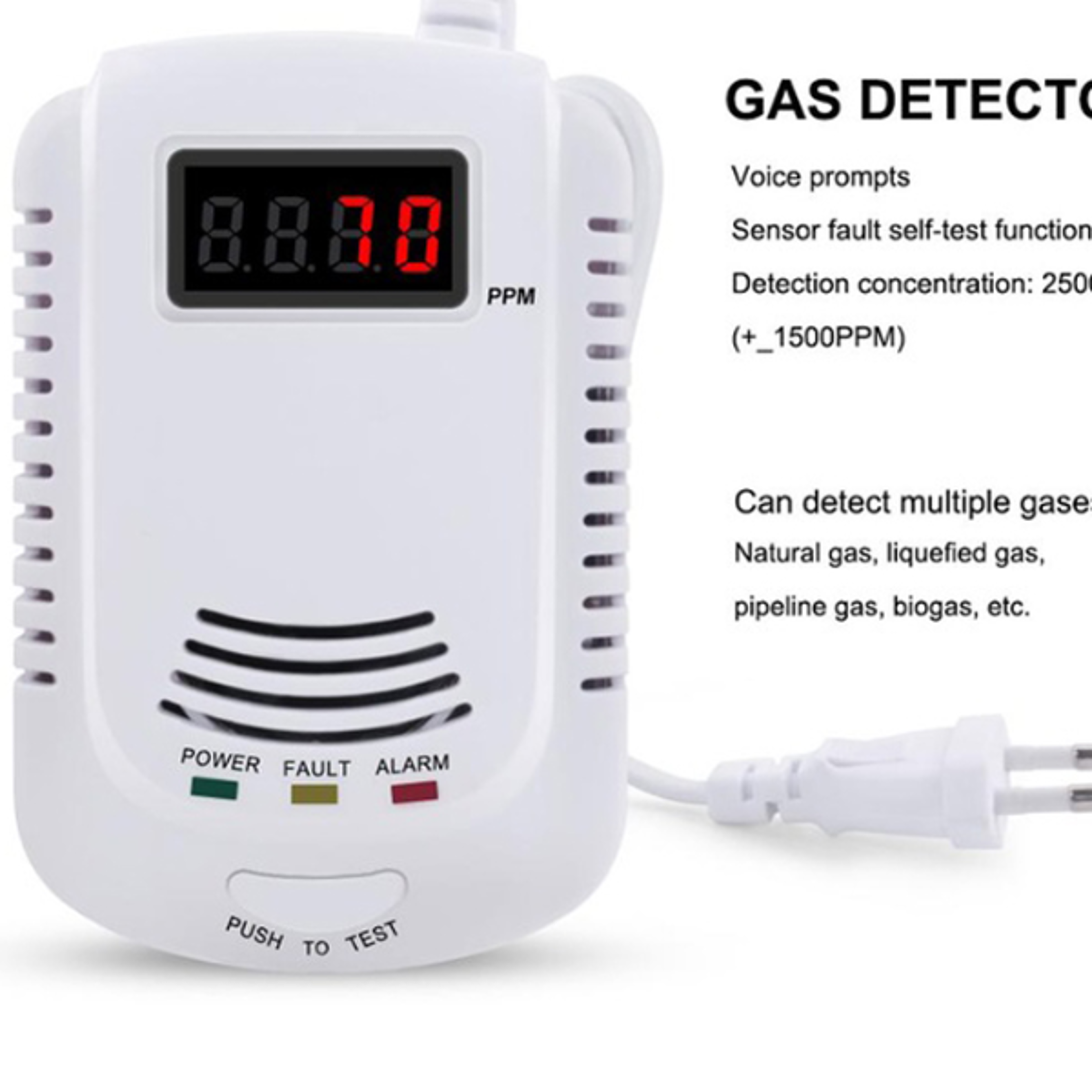 GAS DETECTOR Voice Warning Kitchen Alarm Kit Independent EU Plug in Combustible Natural LCD Display