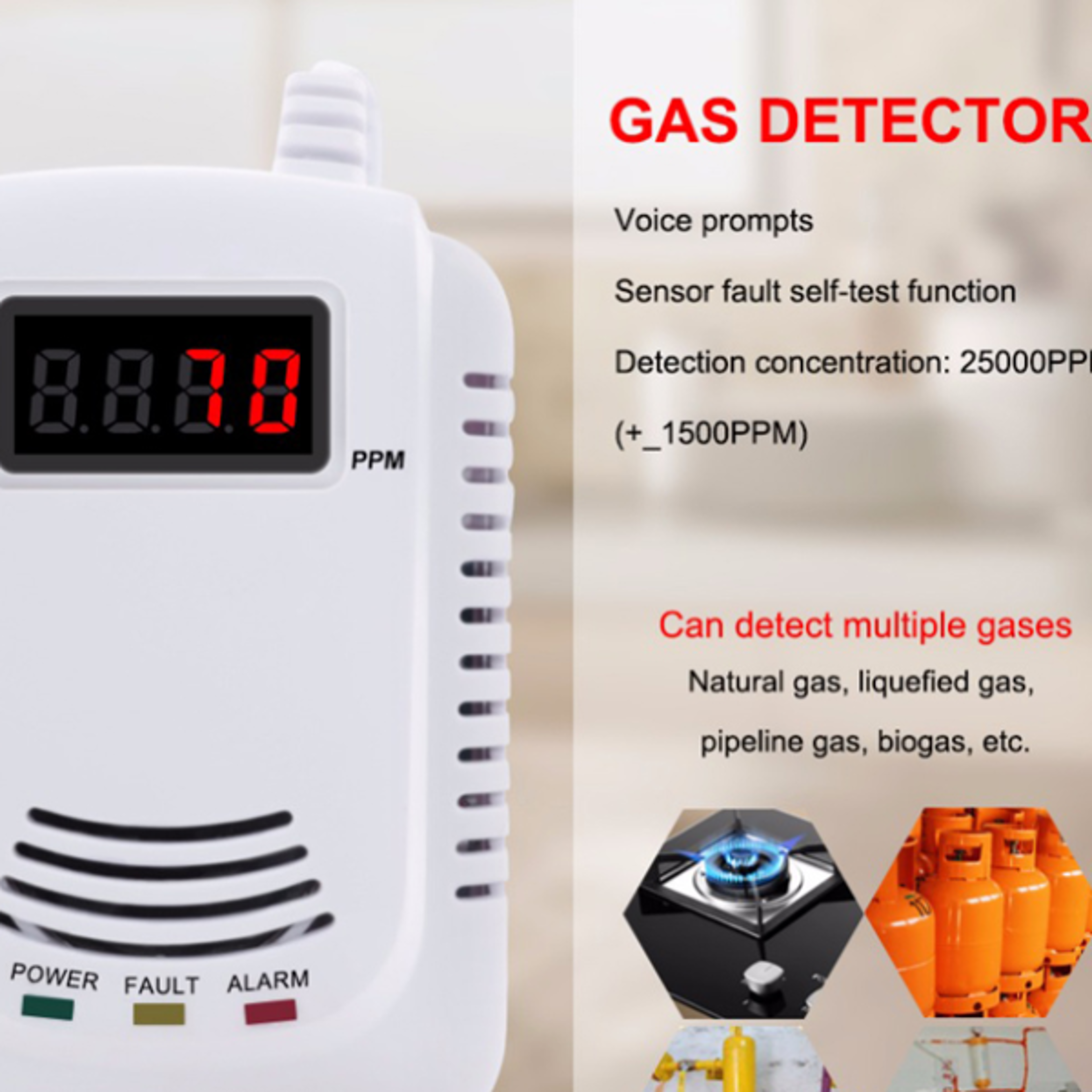GAS DETECTOR Voice Warning Kitchen Alarm Kit Independent EU Plug in Combustible Natural LCD Display