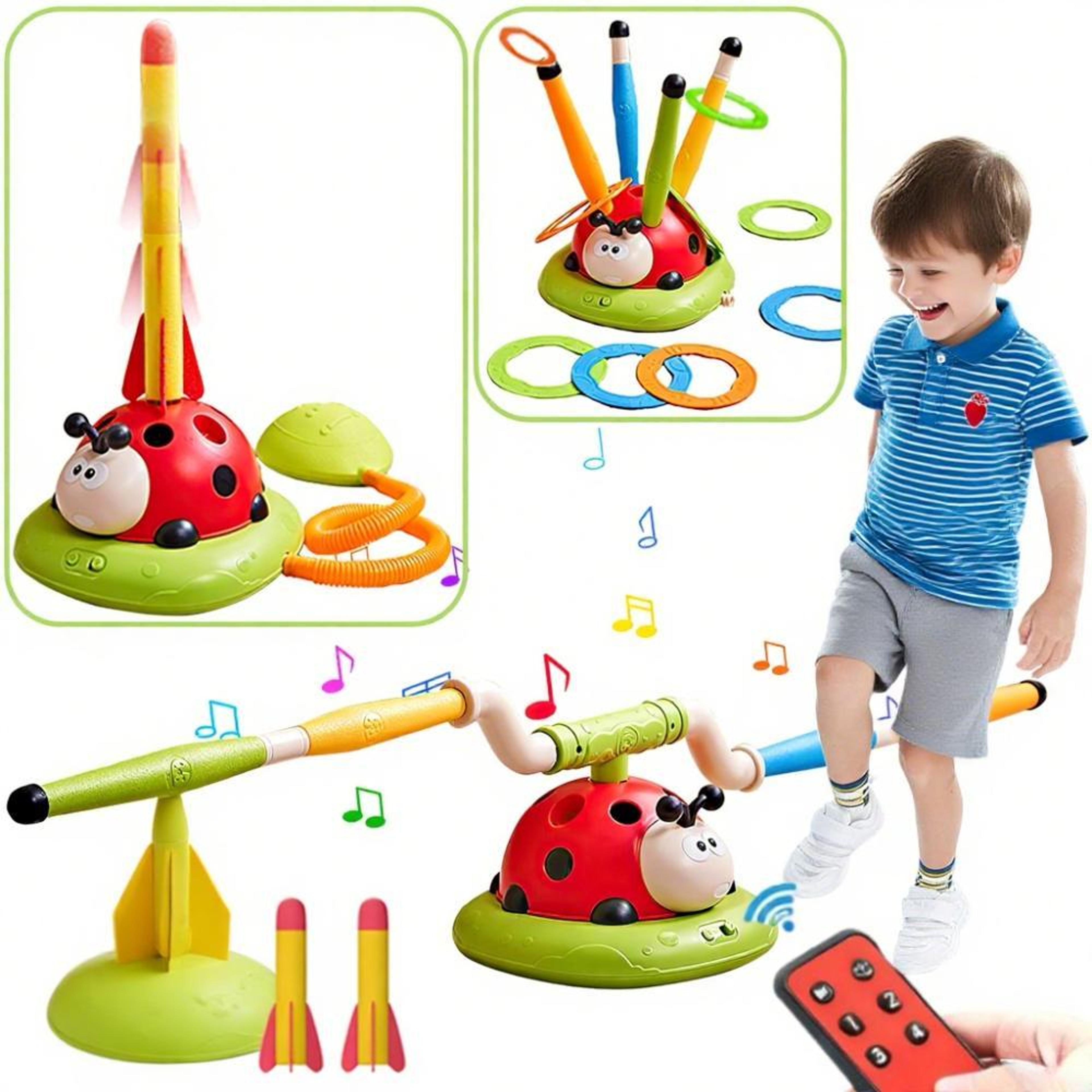 all in one kids outdoor game set rocket launcher ring toss and jump toy