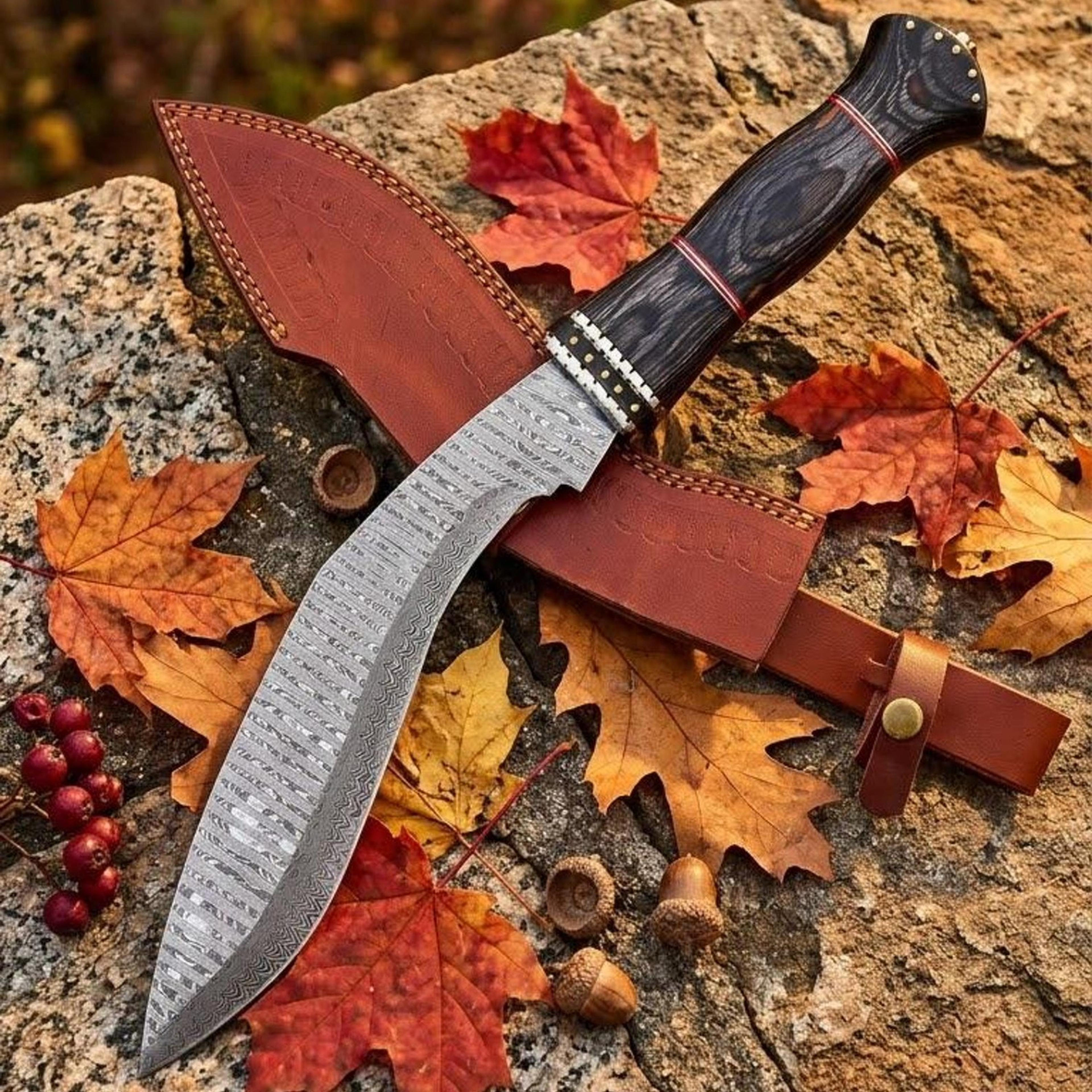 handmade damascus kukri knife – curved pattern welded steel blade with dark wood handle & brown leather sheath
