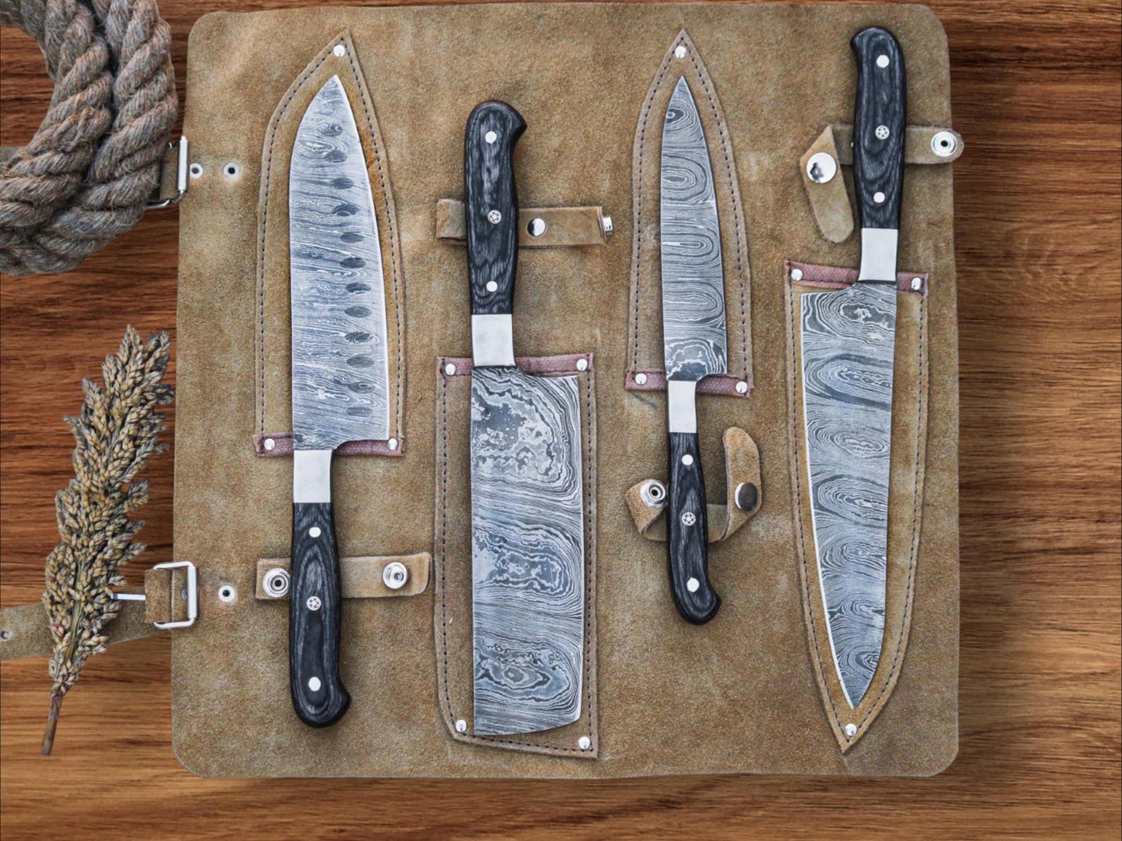 handmade damascus steel kitchen knife set 4 piece chef butcher carving fillet knives black wood