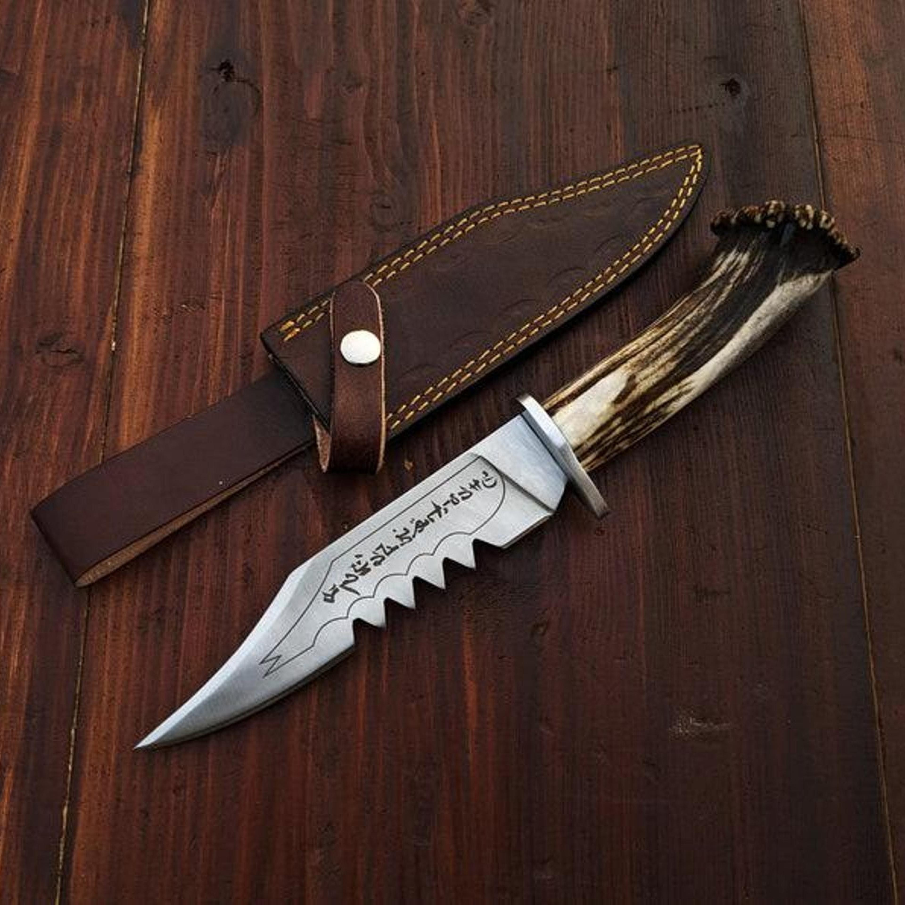 handmade ranger hunting knife – engraved fantasy steel blade with stag antler handle & brown leather sheath