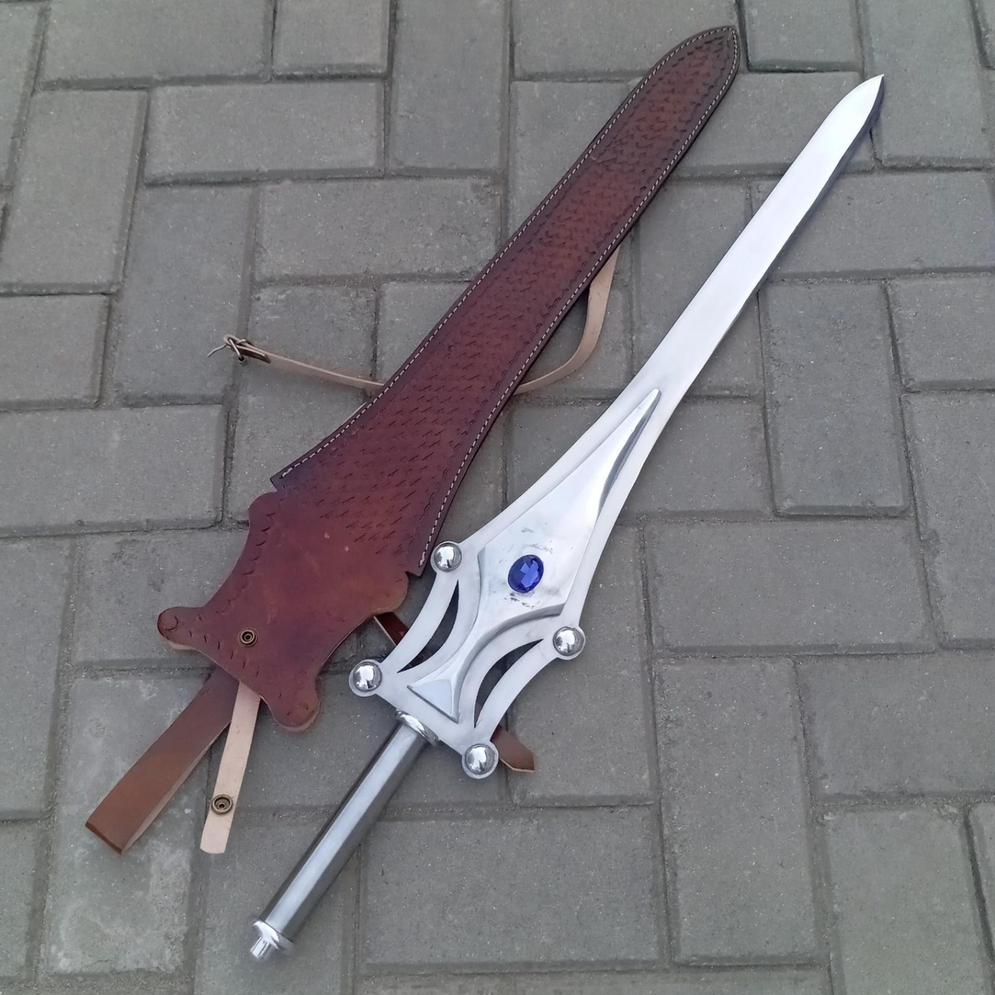 handmade elven fantasy sword – polished steel blade with blue jewel guard & brown leather sheath, custom collector gift