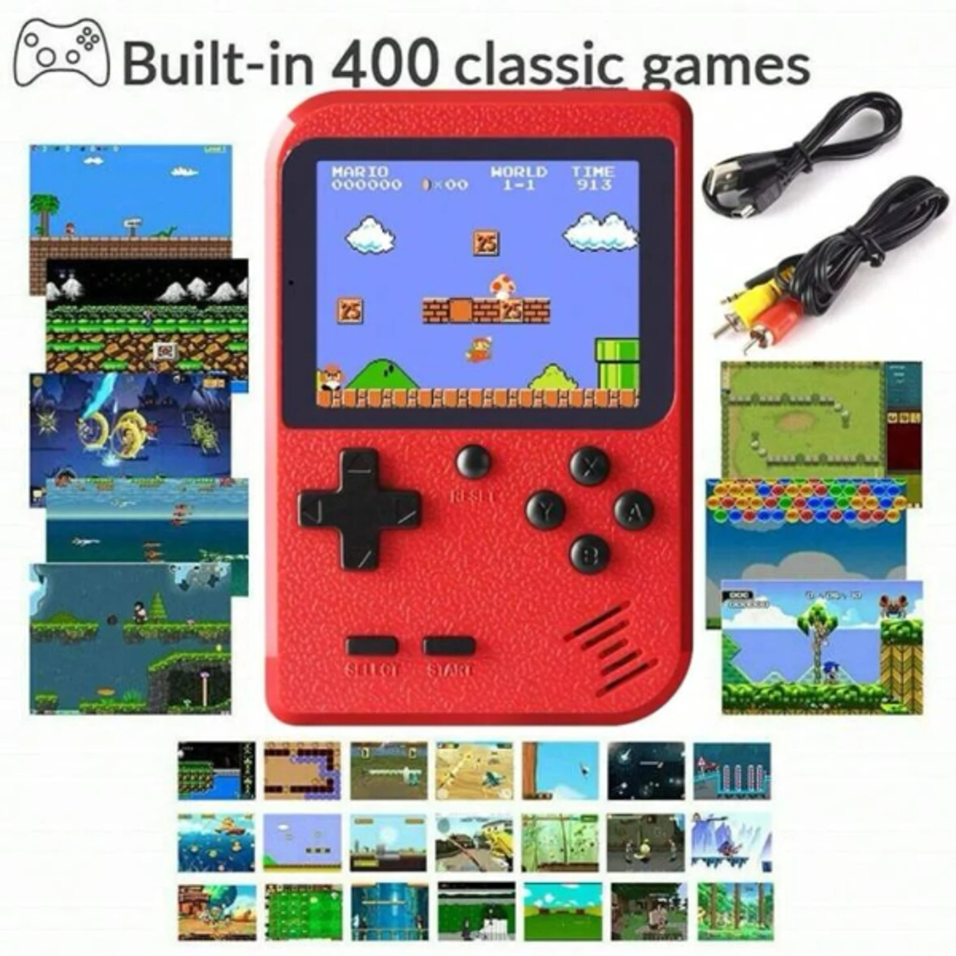 small game console with hundreds of games, kids retro handheld, tv output, durable resin design for on-the-go fun