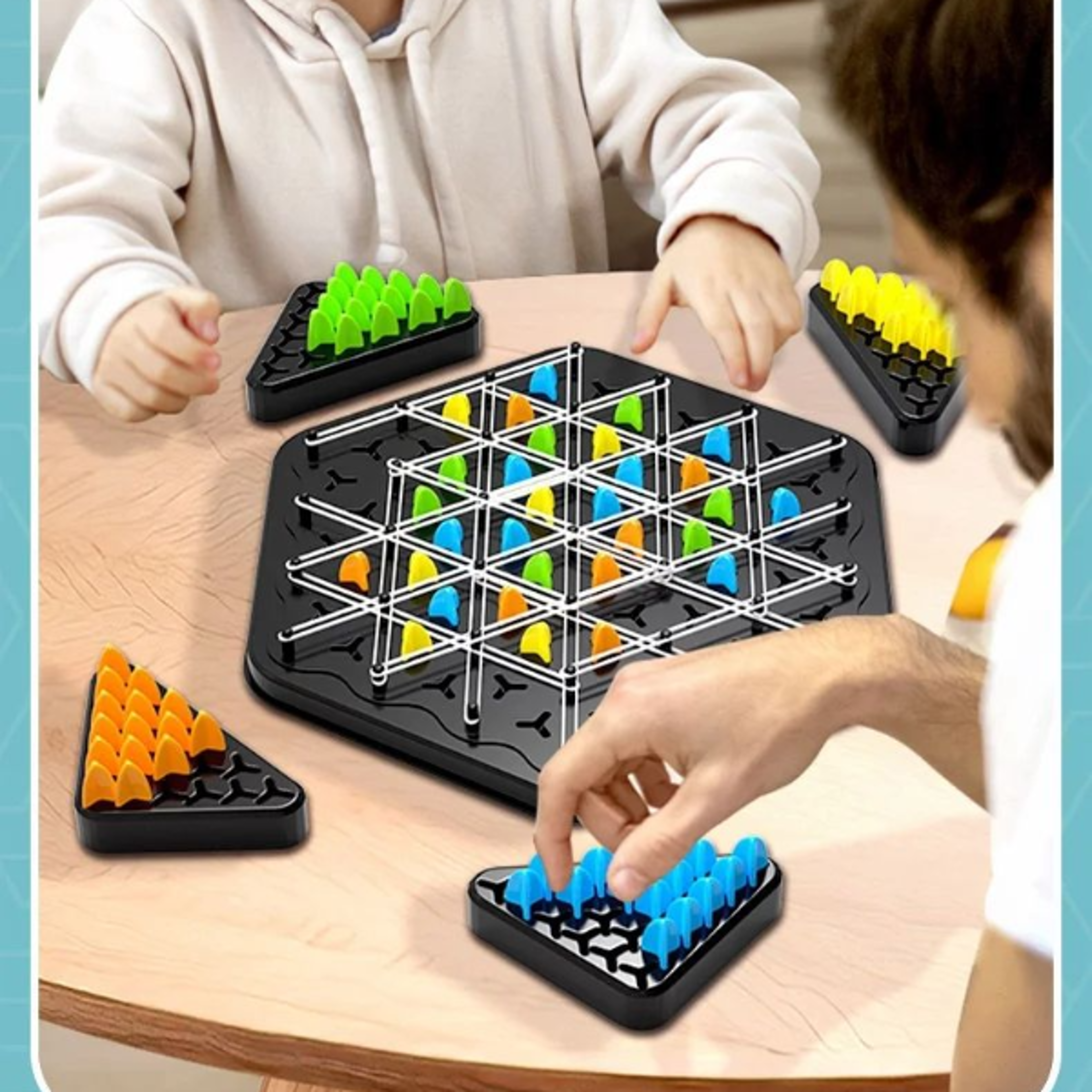 chain triangle chess game, triggle rubber band battle set for family & kids, educational interactive board game