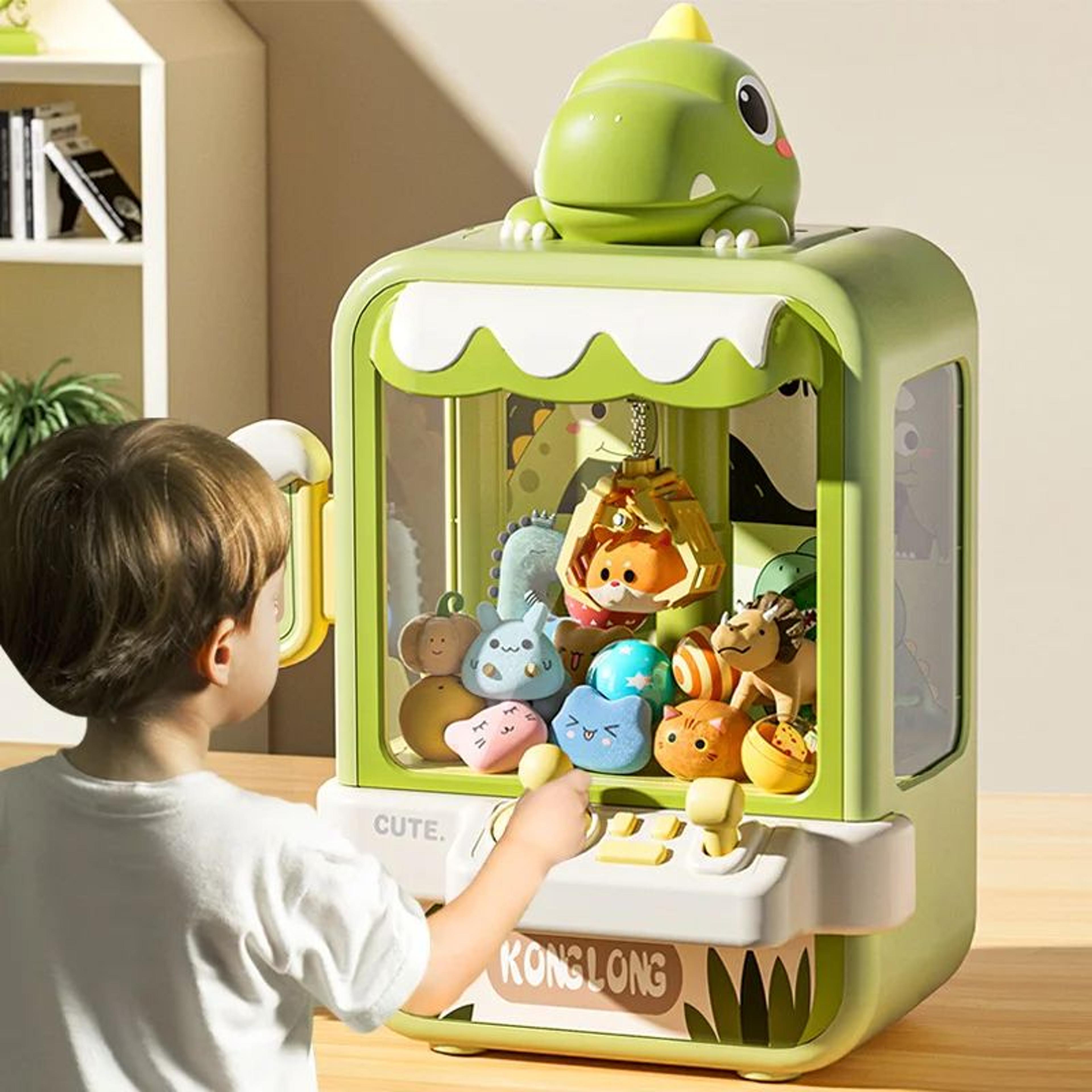 dinosaur claw machine toy, mini arcade game for kids, electronic prize catcher with music, adjustable controls