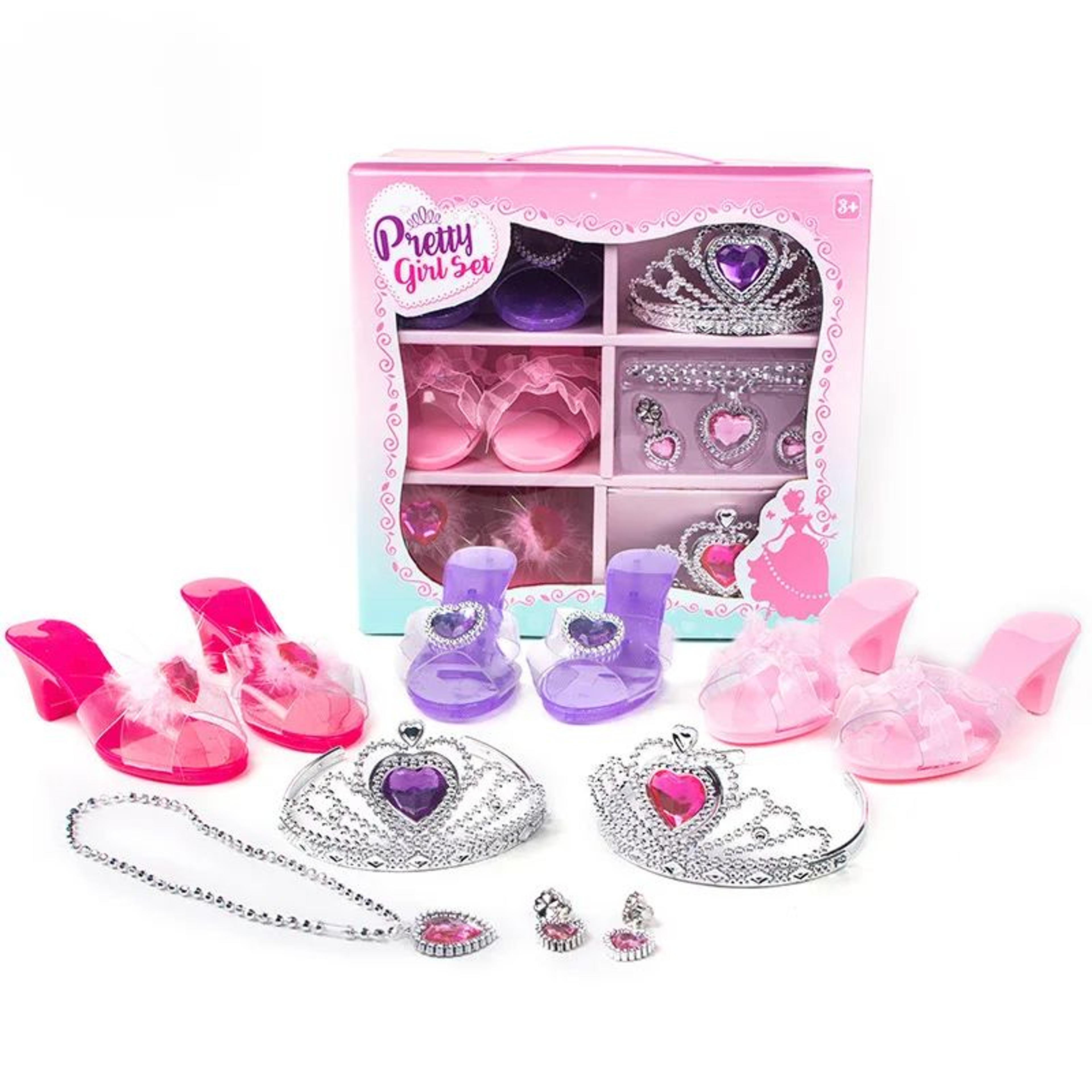 princess dress up set for girls, jewelry, tiara, heels, and accessories