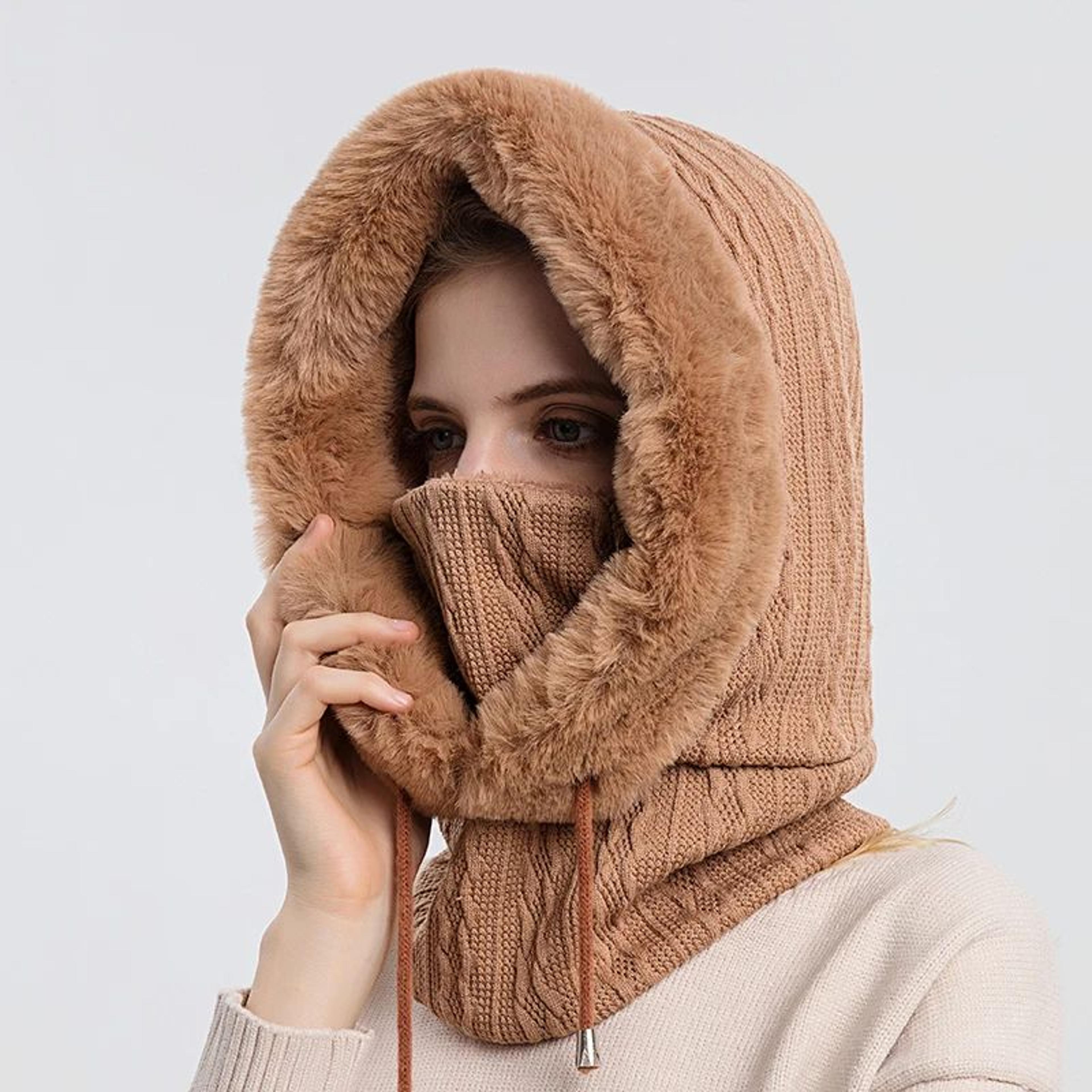 Women Winter Fur Cap Mask Set Hooded Knitted Cashmere Balaclava Ski Hat With Thick Fluffy Beanies   4