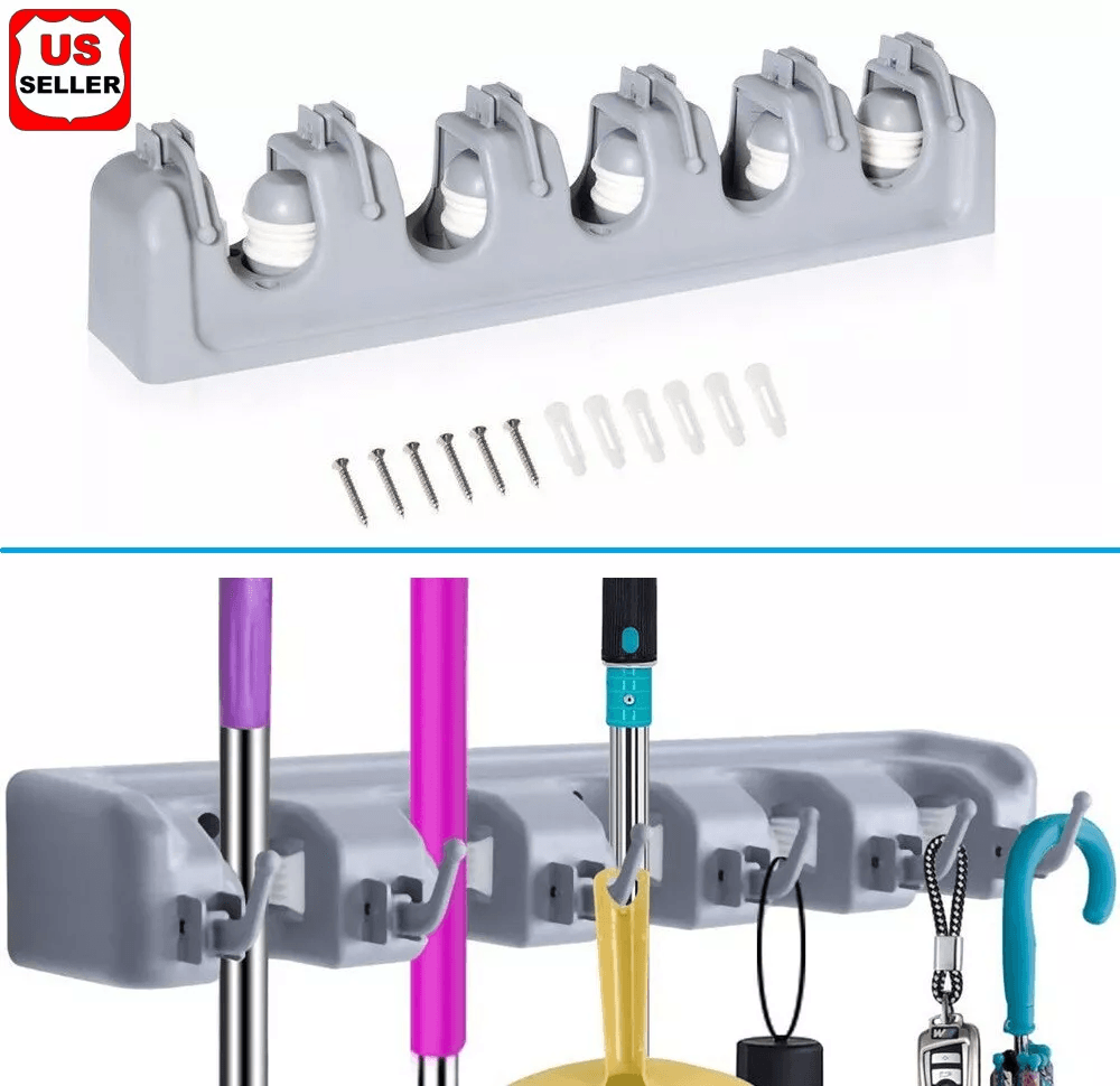 wall mount broom holder & garden tool garage organizer, heavy duty abs plastic rack for mop, rake, broom