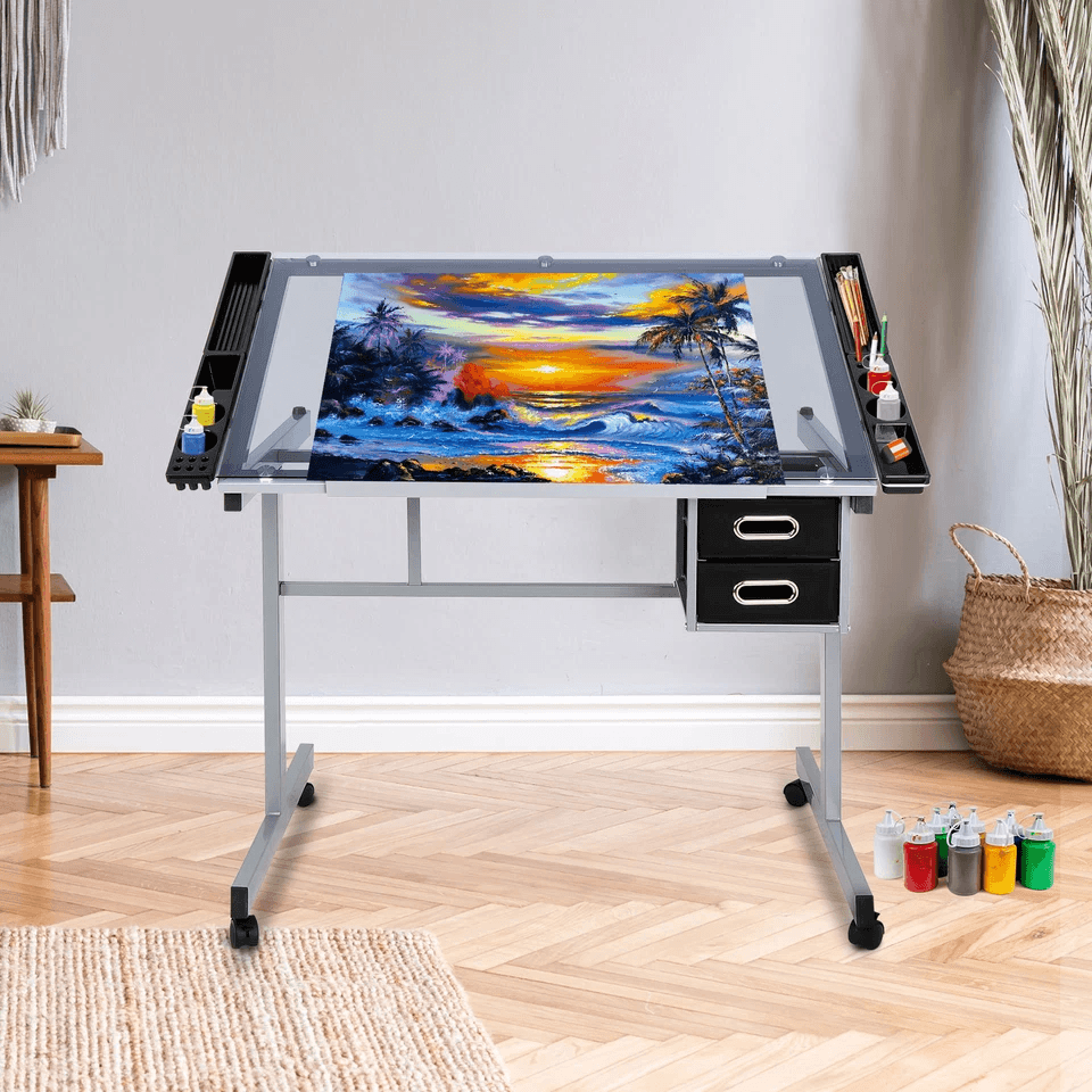 tempered glass adjustable rolling drawing drafting table, professional art & craft work station with tilting desktop