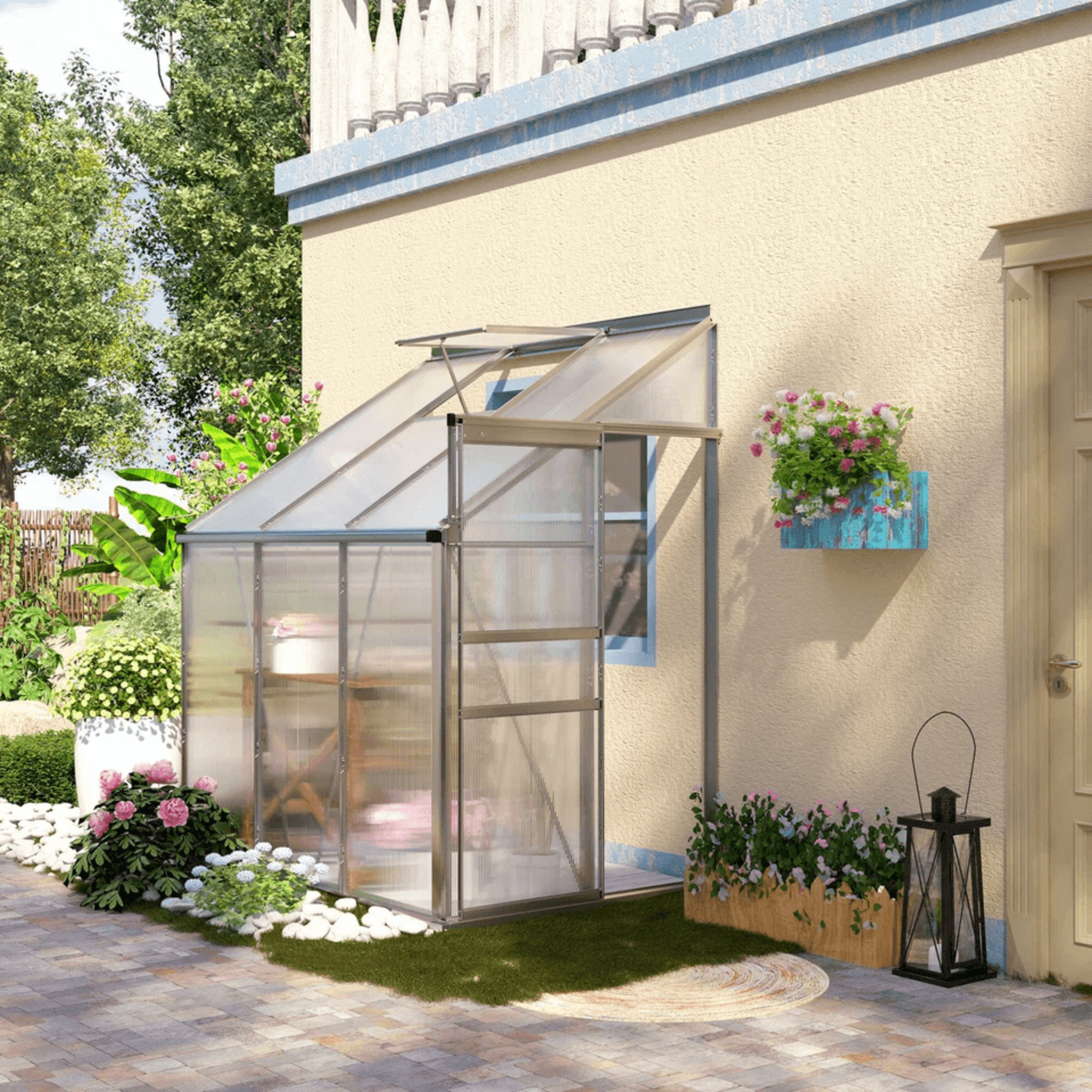 walk-in garden polycarbonate greenhouse kit with adjustable vent, clear, heavy-duty outdoor plant grow house