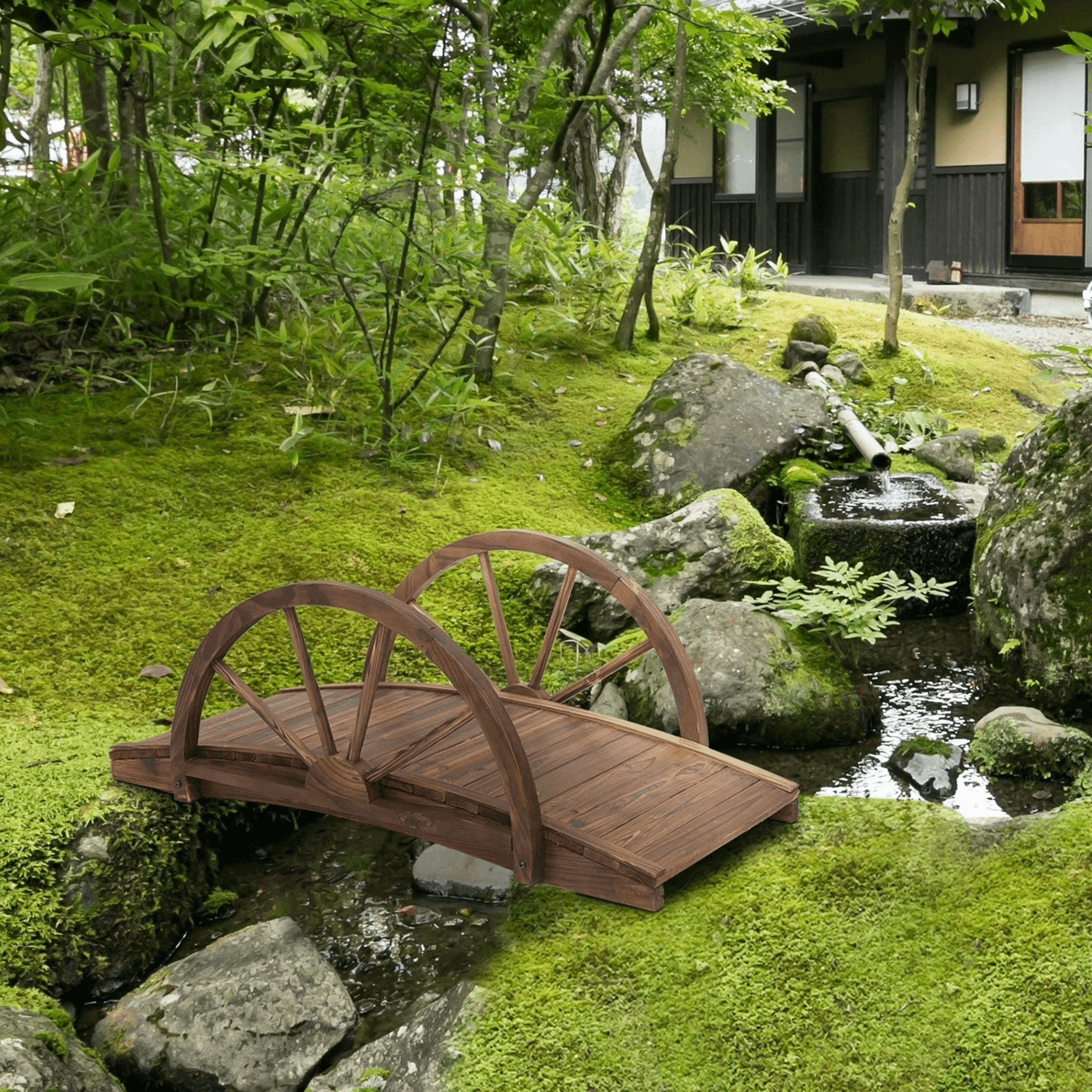 wooden garden bridge arc stained finish walkway with half wheeled railings, decorative outdoor landscaping archway