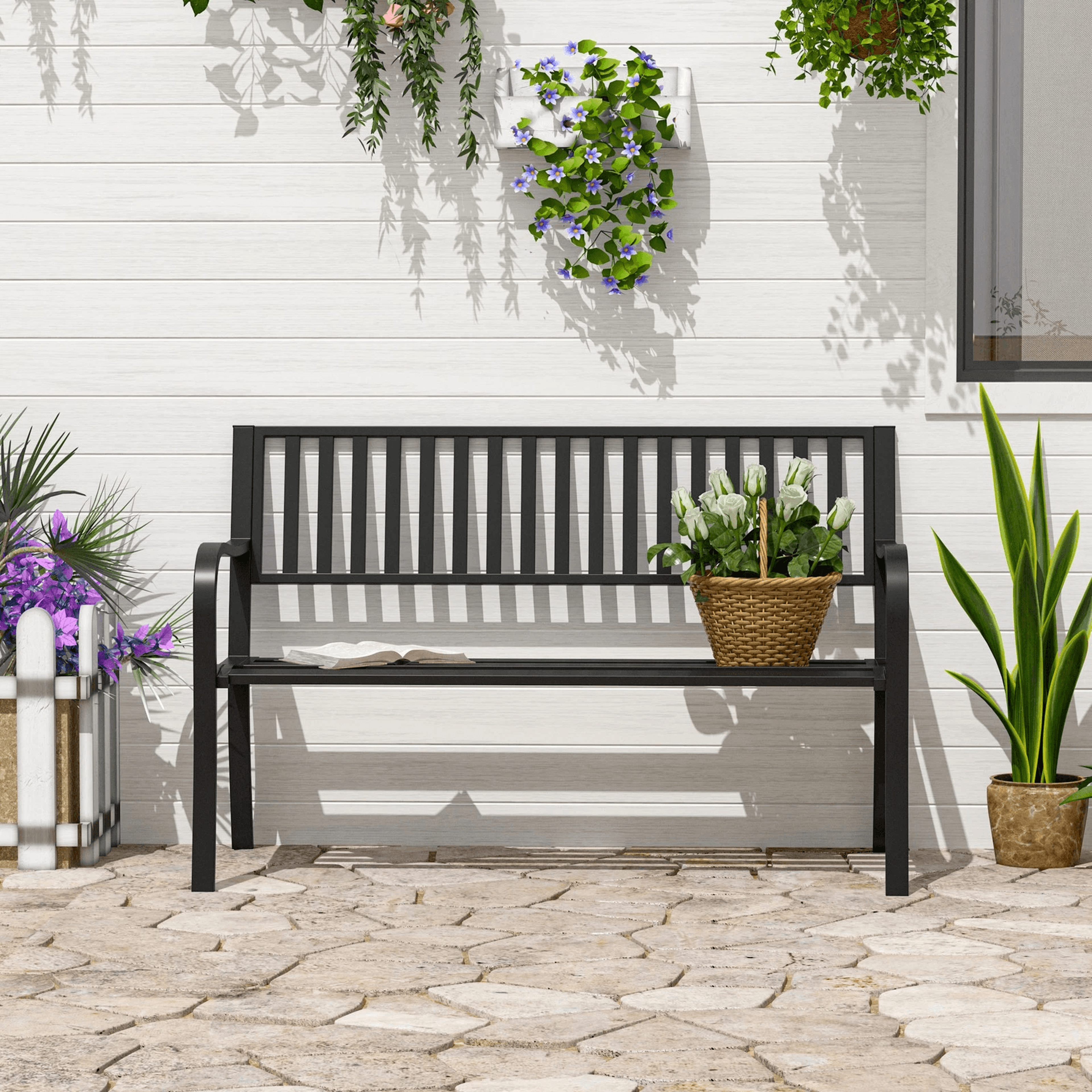 heavy duty outdoor bench, steel patio garden furniture, park chair for backyard deck & porch seating