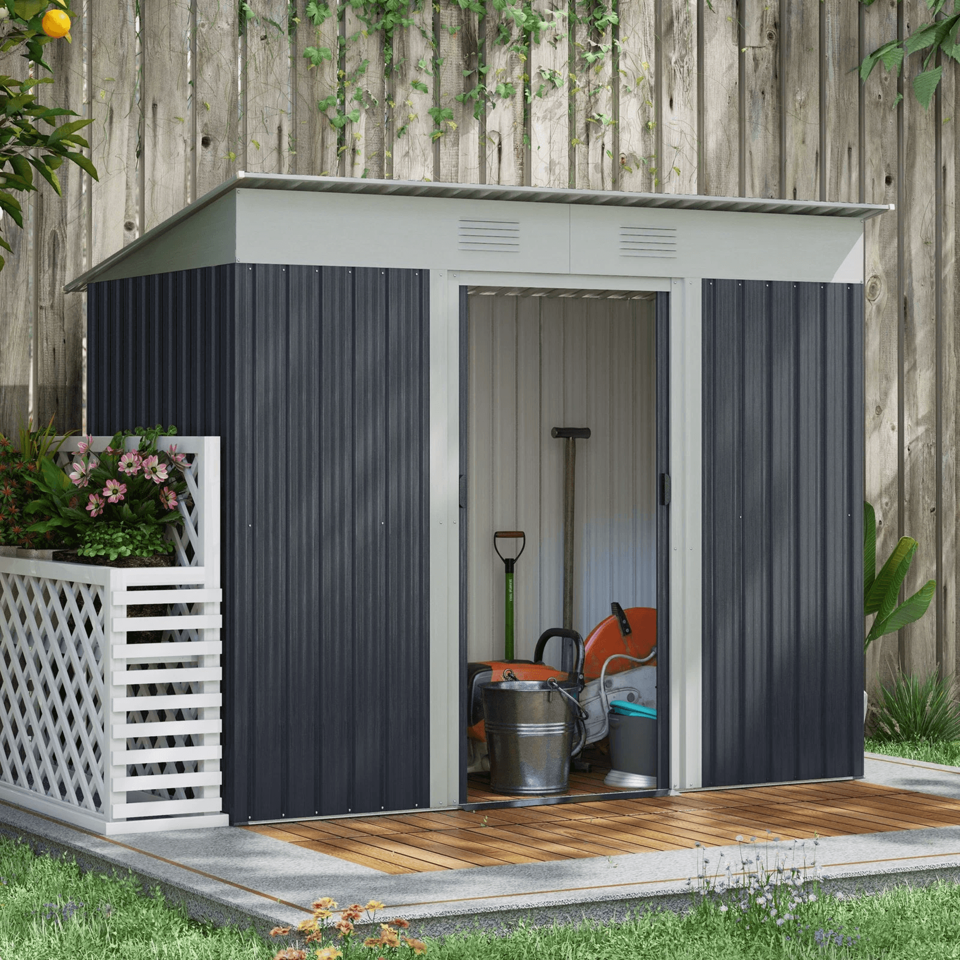 metal outdoor storage tool garden shed with dual air vents for backyard, heavy-duty weather-resistant utility storage