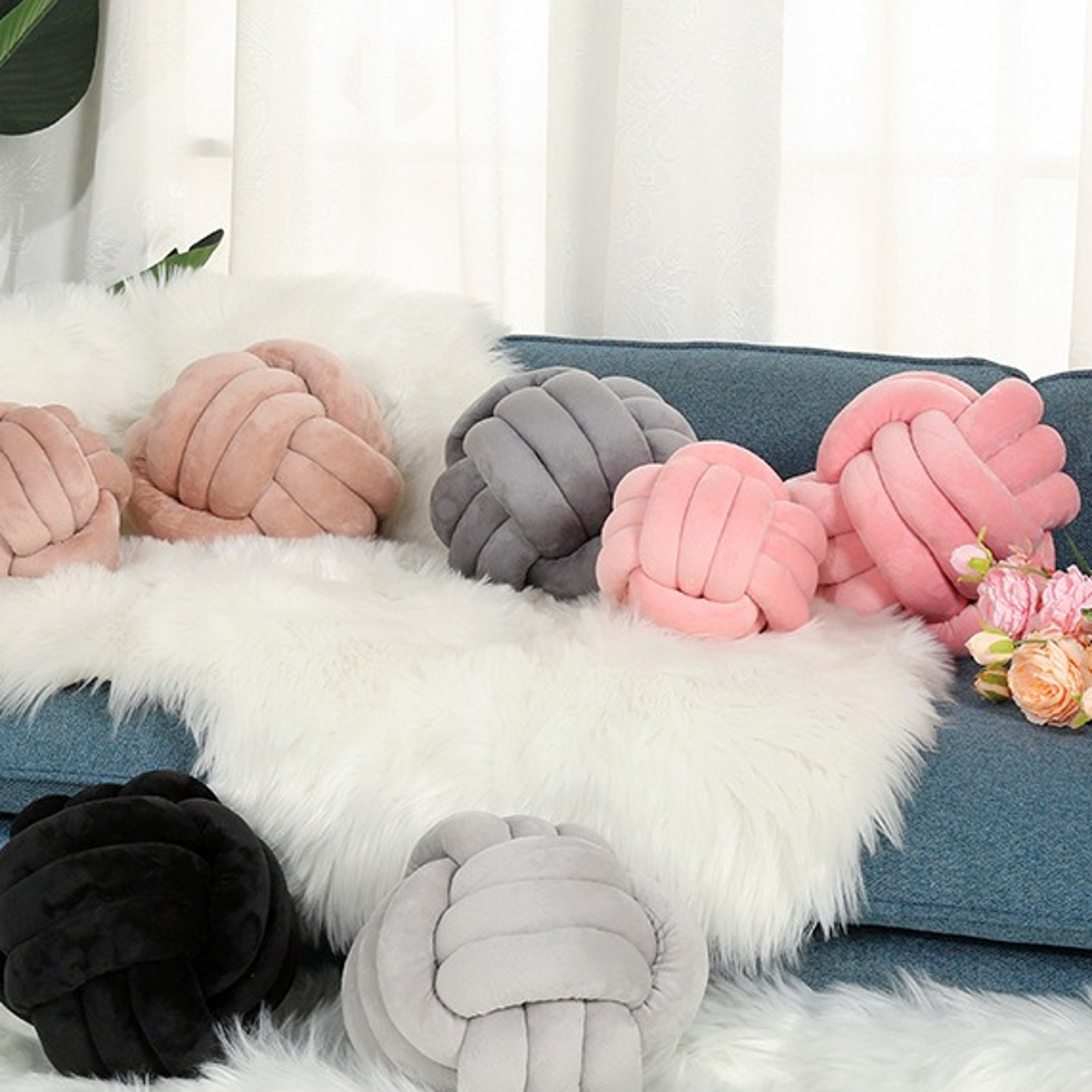 luxury glossy accent pillow with tassel details, braided cord knot ball cushion for sofa, bohemian style throw pillow
