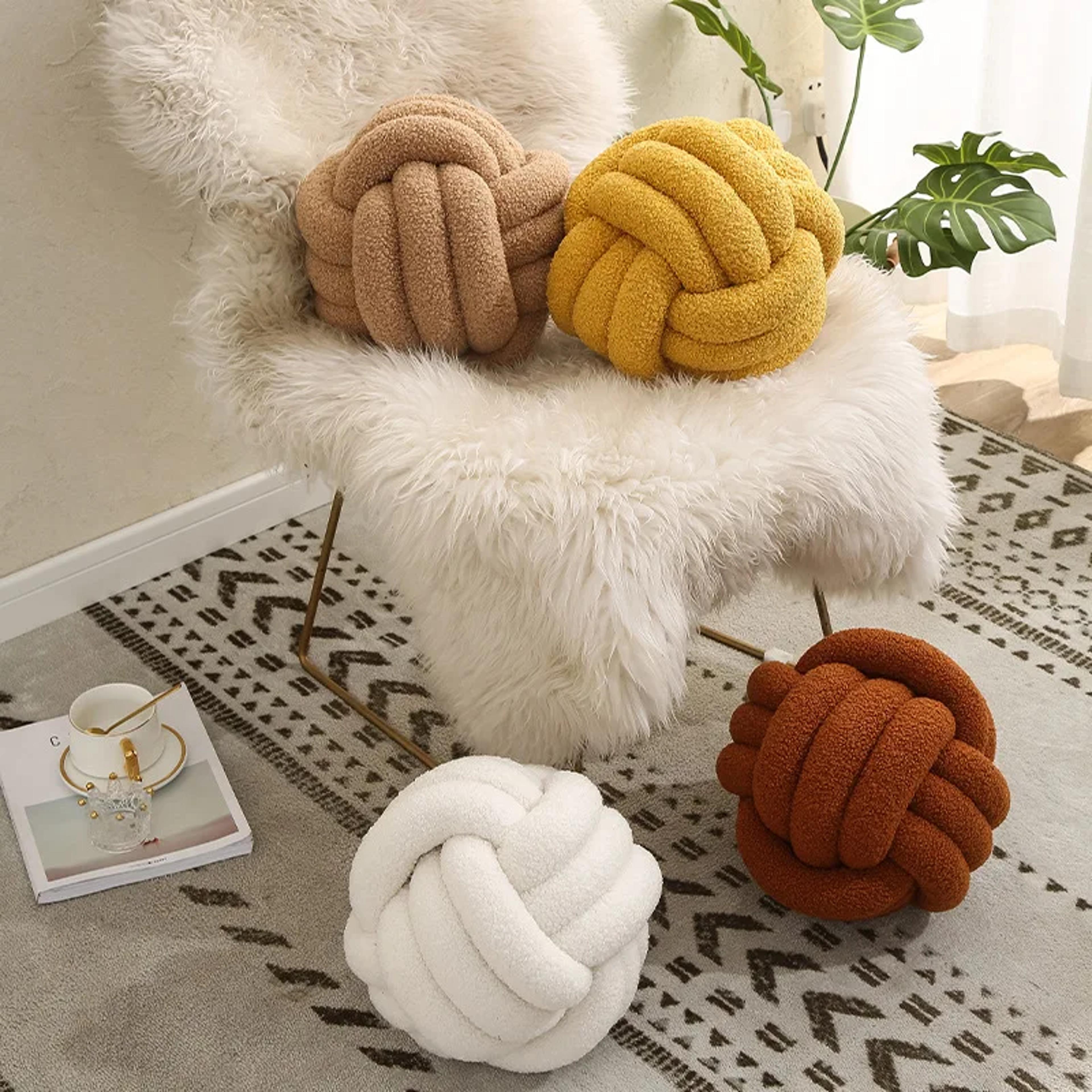 knotted ball decorative cushion, high end throw pillow for living room, lamb fleece sofa bed decor