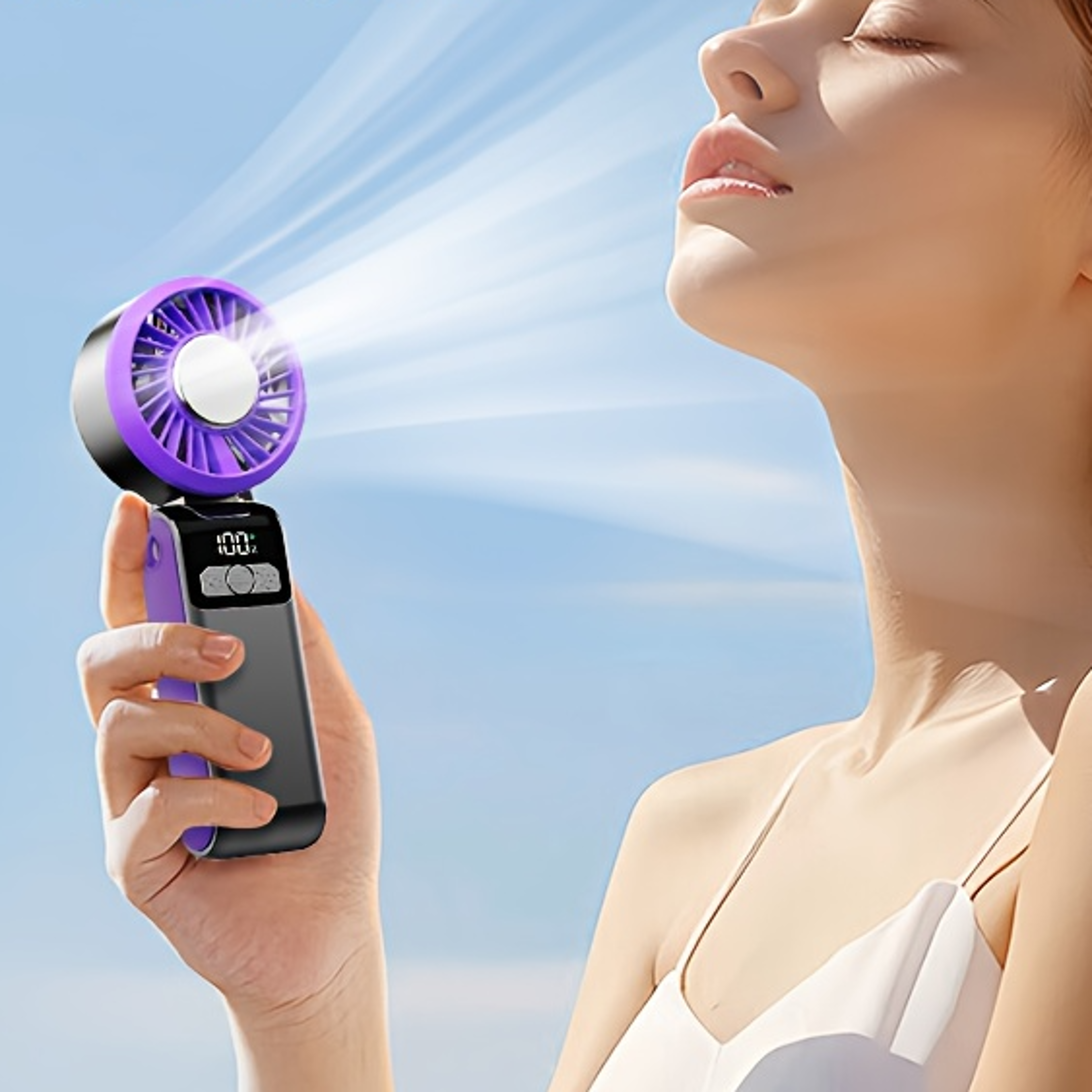 foldable semiconductor ice cooling far rechargeable portable handheld cooling fan with led display & lanyard