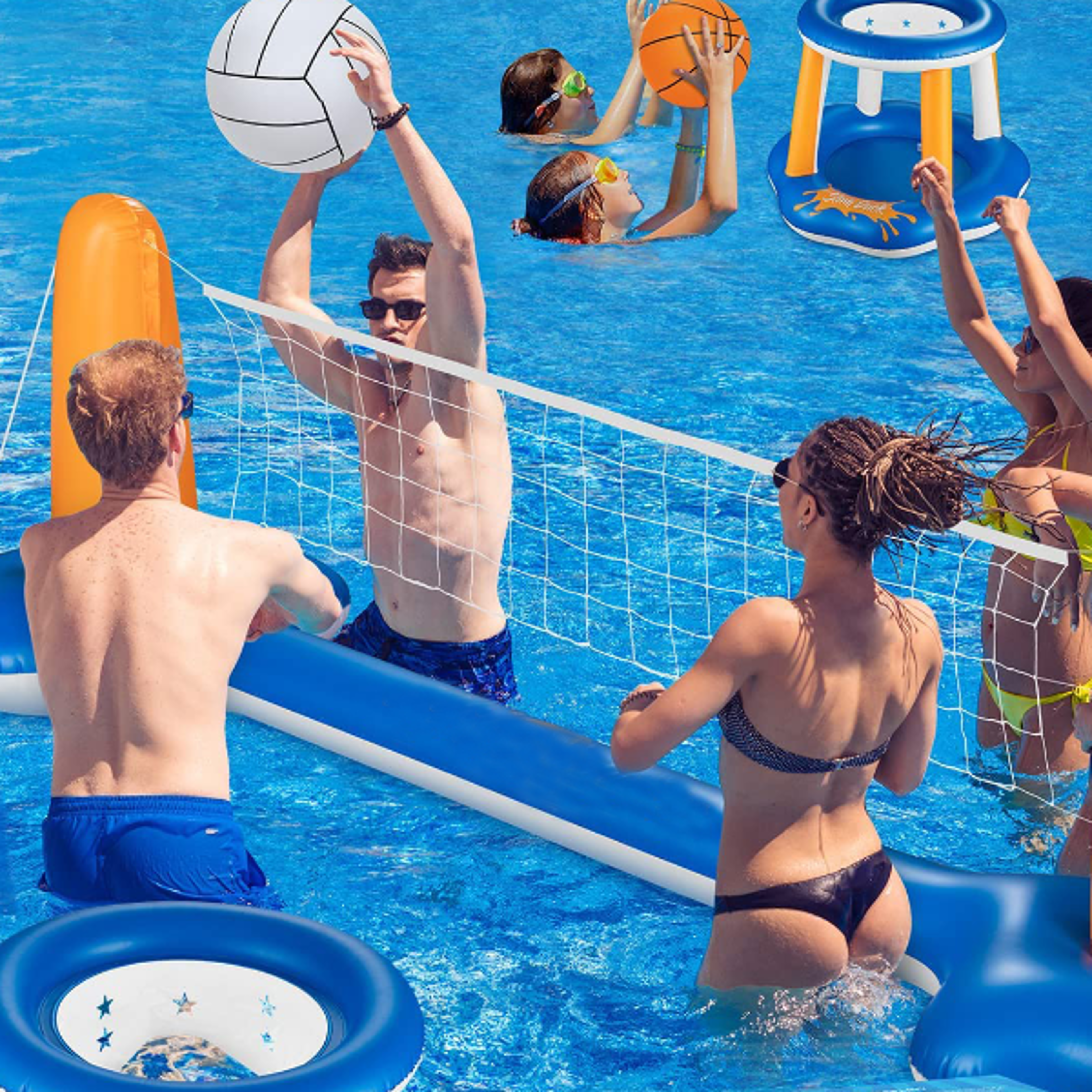inflatable pool volleyball & basketball game set for summer water parties
