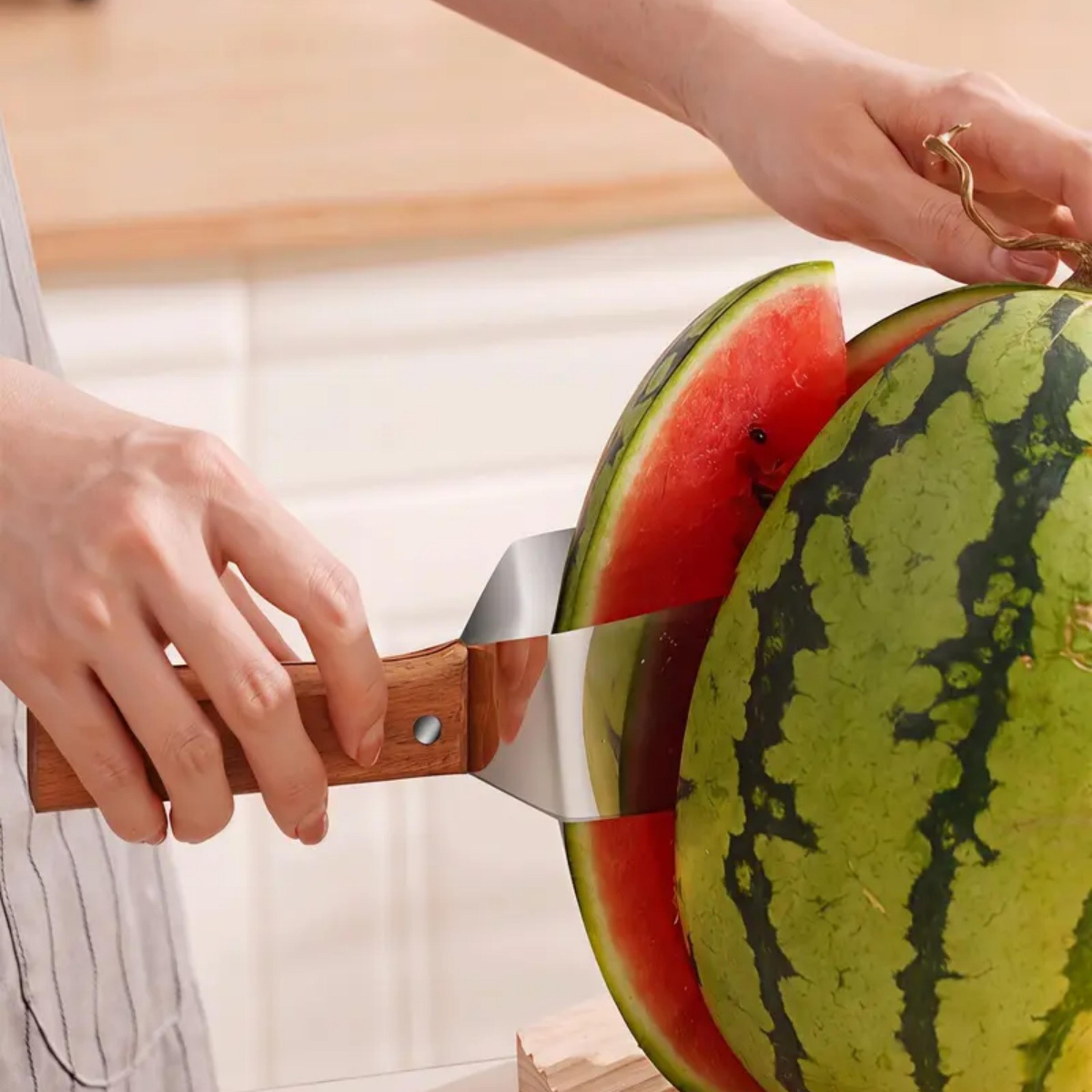 slicemaster stainless steel watermelon cutter & melon slicer with ergonomic wooden handle
