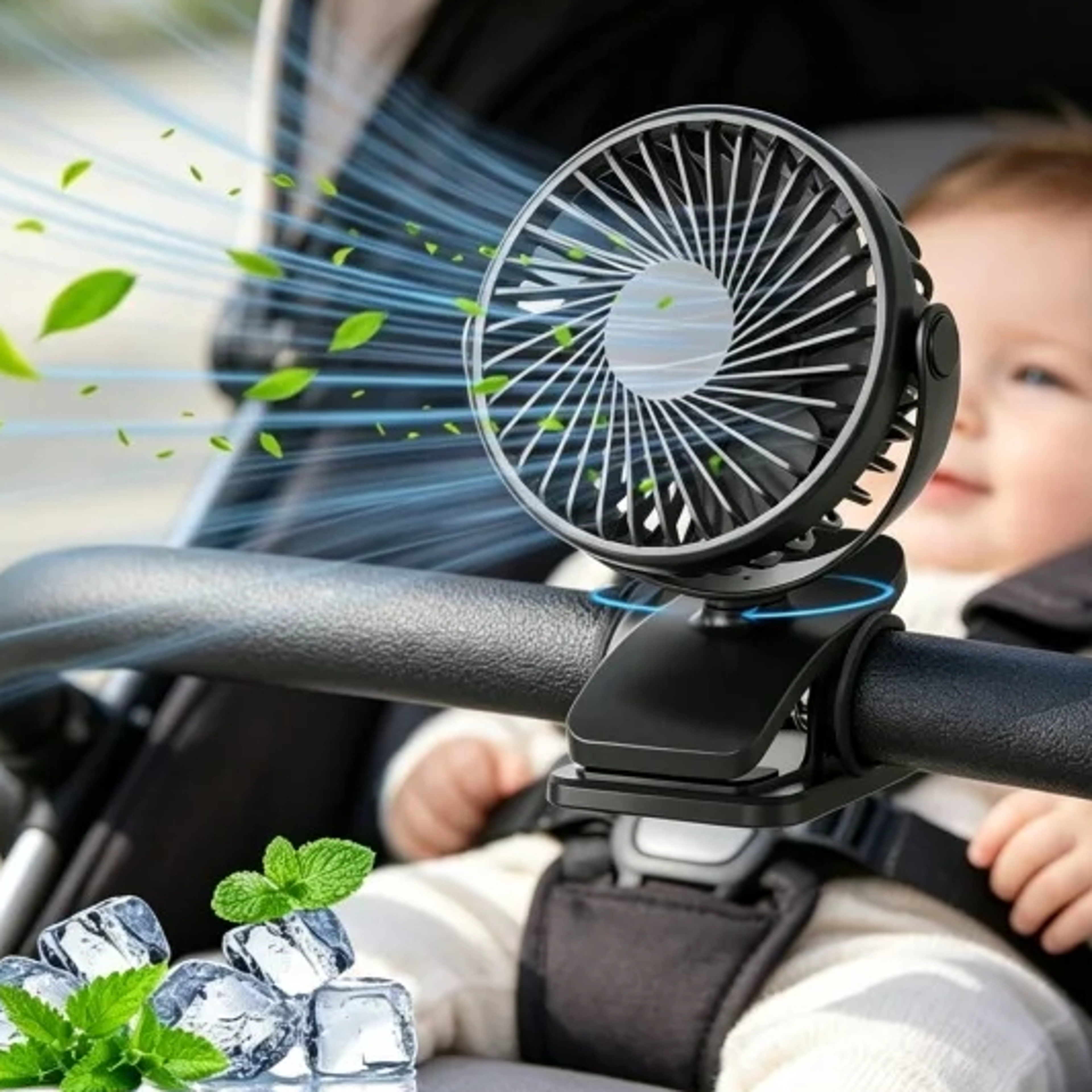 rotating clip on camping fan with night light & usb rechargeable battery