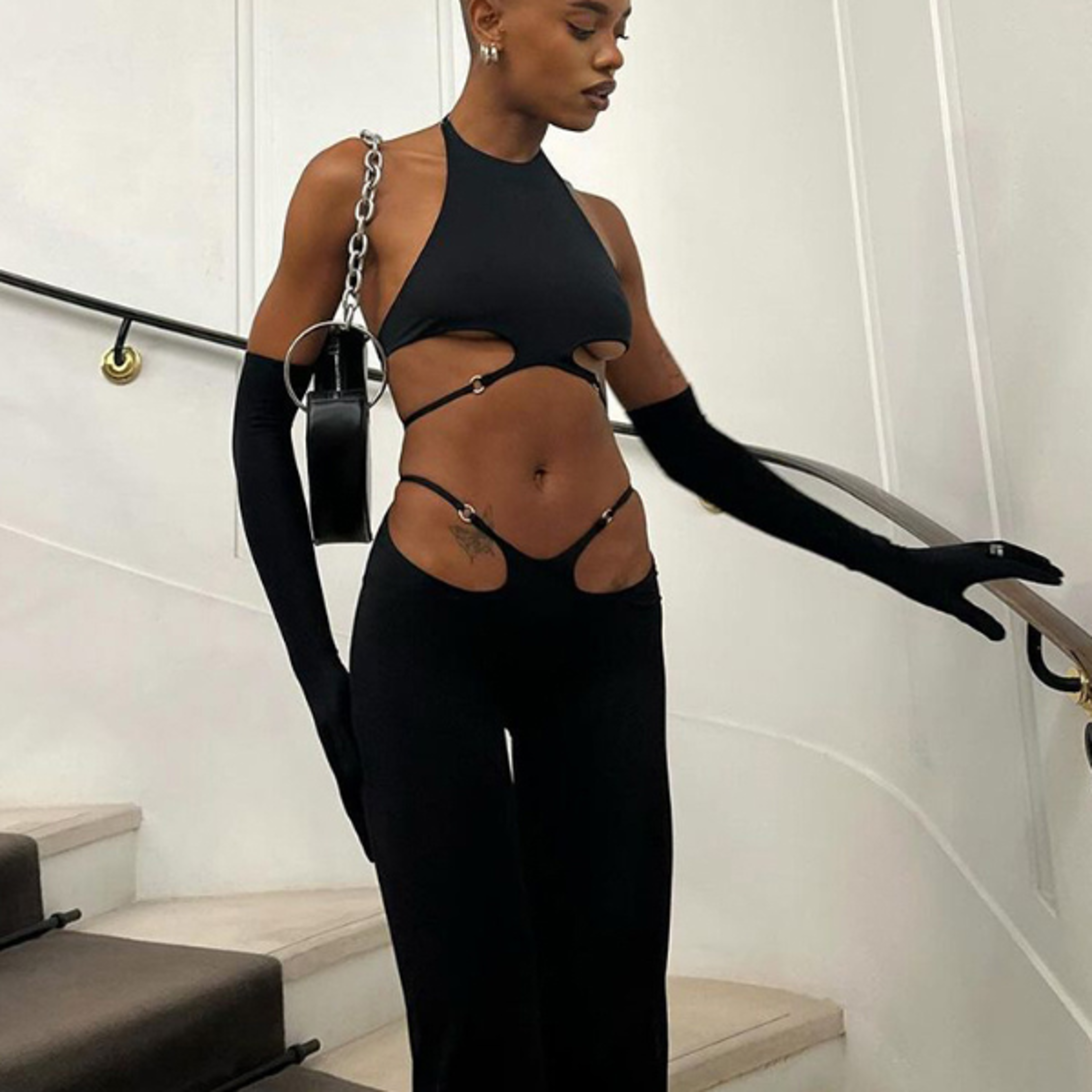 sleek nights backless halter crop top & high waist pants set for women
