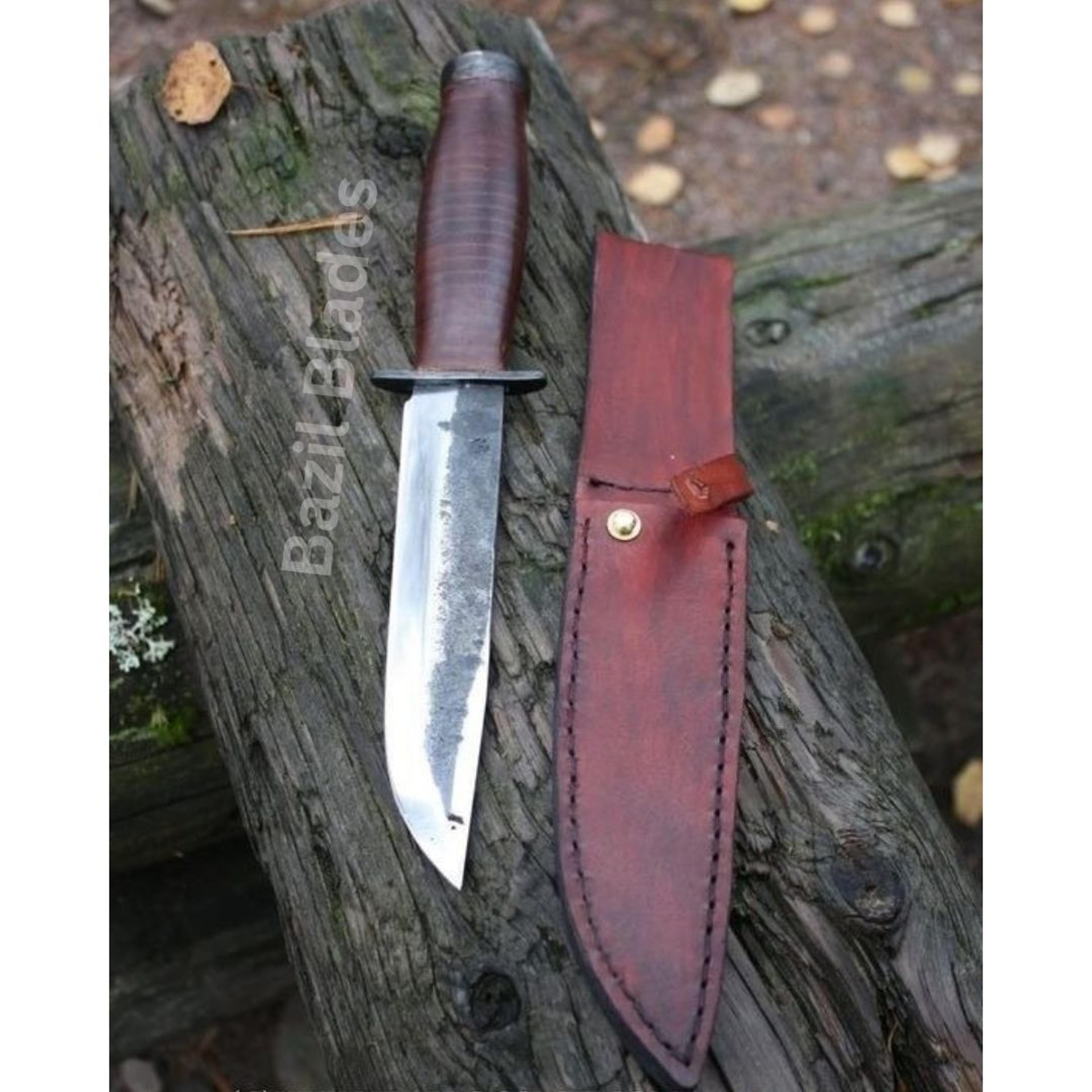 custom knife 1095 carbon steel hunting bowie knife stacked leather handle knife