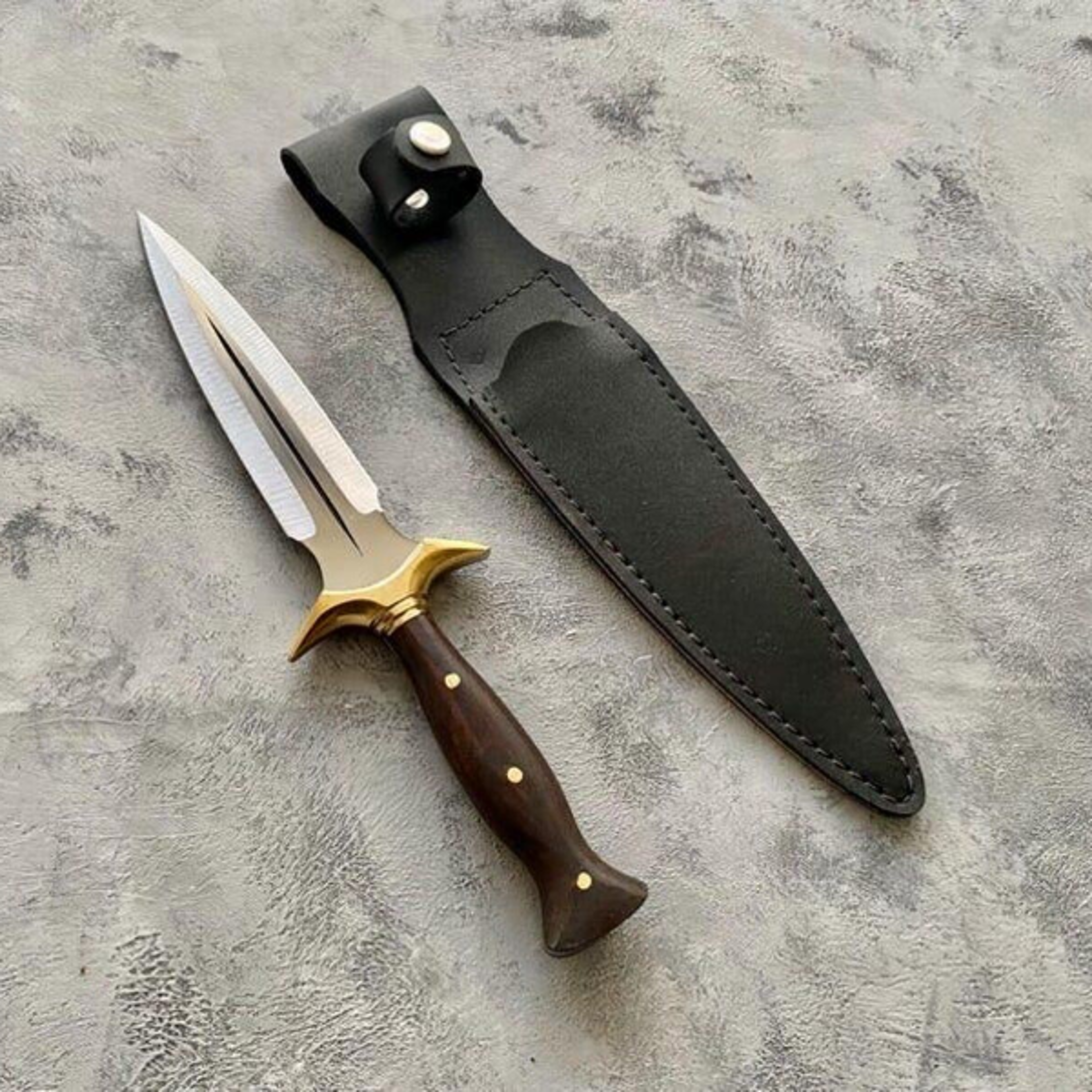 handcrafted double-edged dagger with brass guard wooden handle and leather sheath - unique gift