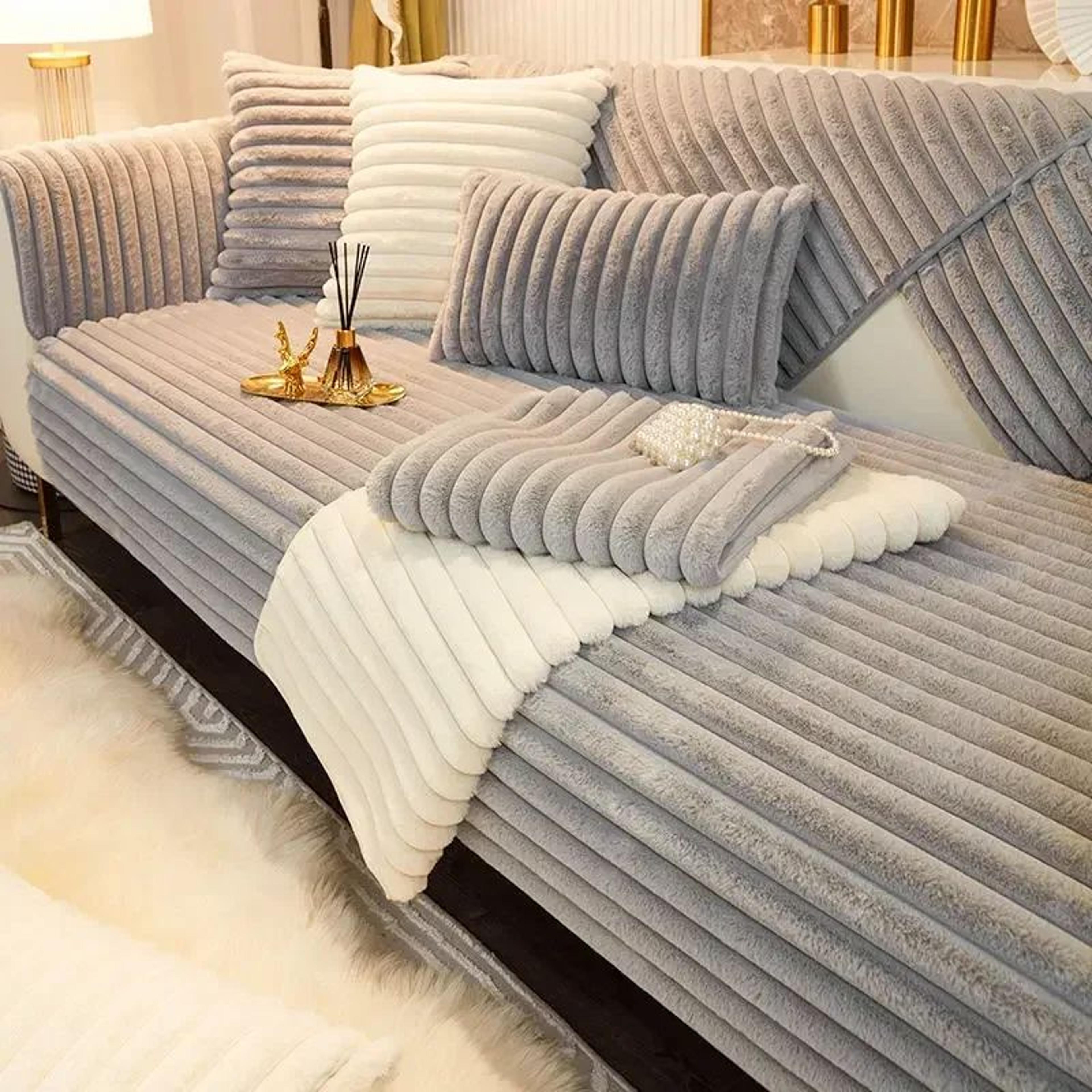 super soft rabbit plush quilted sofa cover, winter warm thick couch cover, l shaped sectional anti slip sofa towel