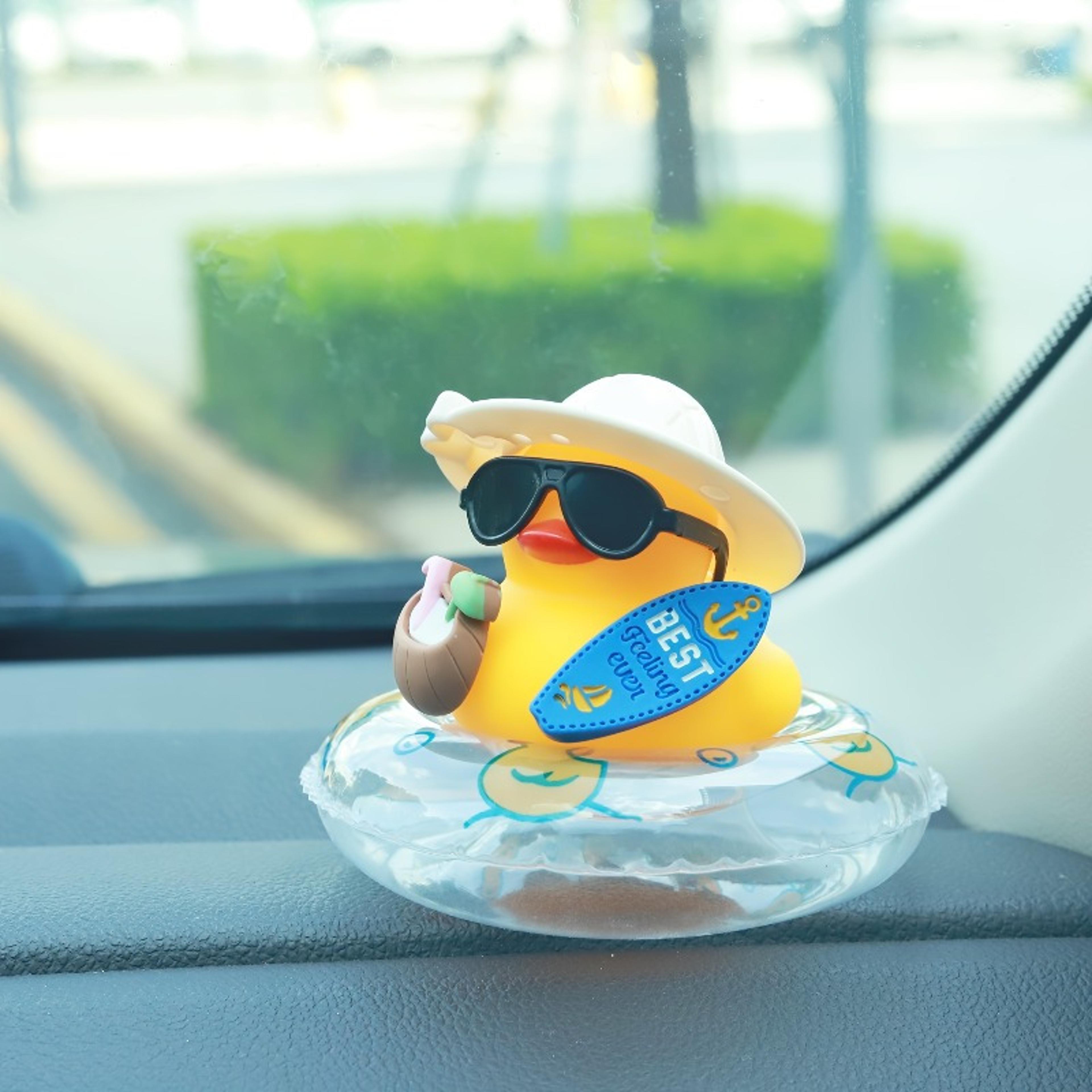 Rubber Duck Car Decor Cute Dashboard Ornament With Sunglasses And Swim Ring 3