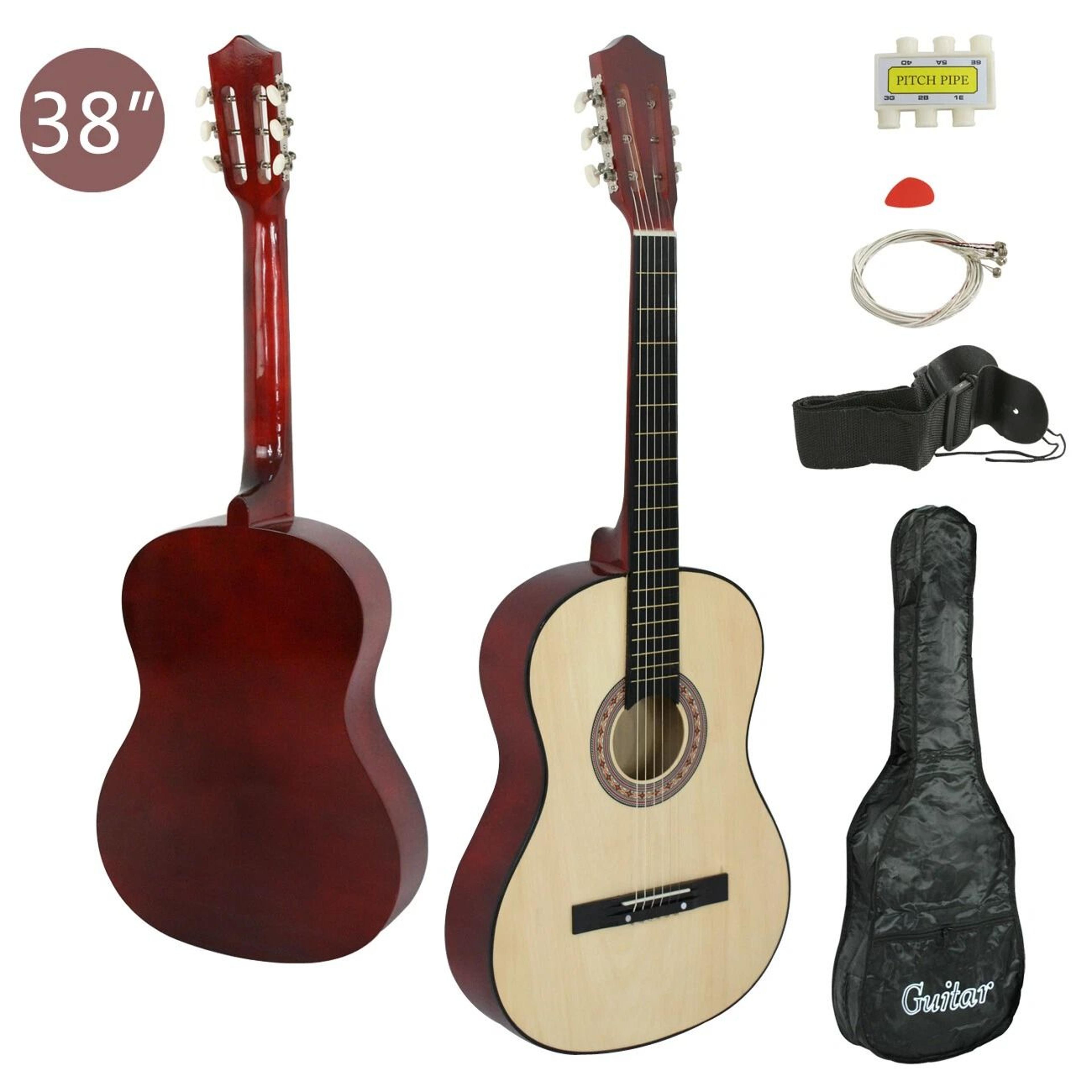 38" wooden beginners acoustic guitar set with case, strap, pick – natural finish for right-handed players