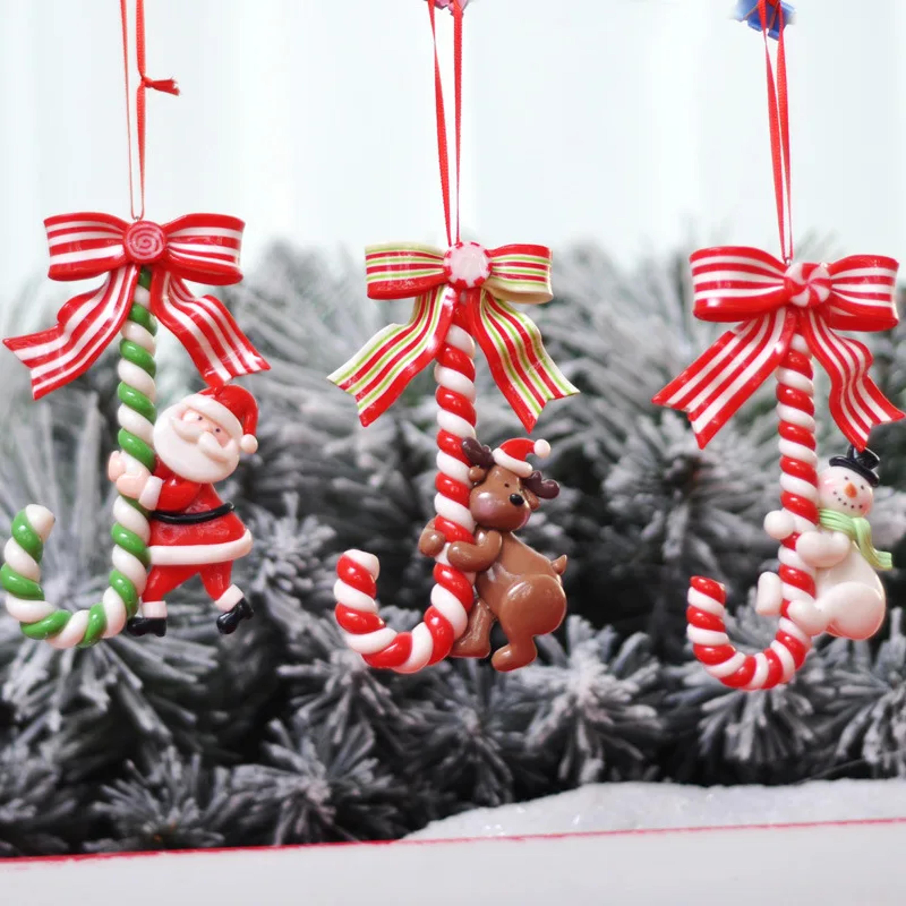 snowman cane hanging pendant, christmas soft pottery santa claus, xmas tree ornaments, new years navidad