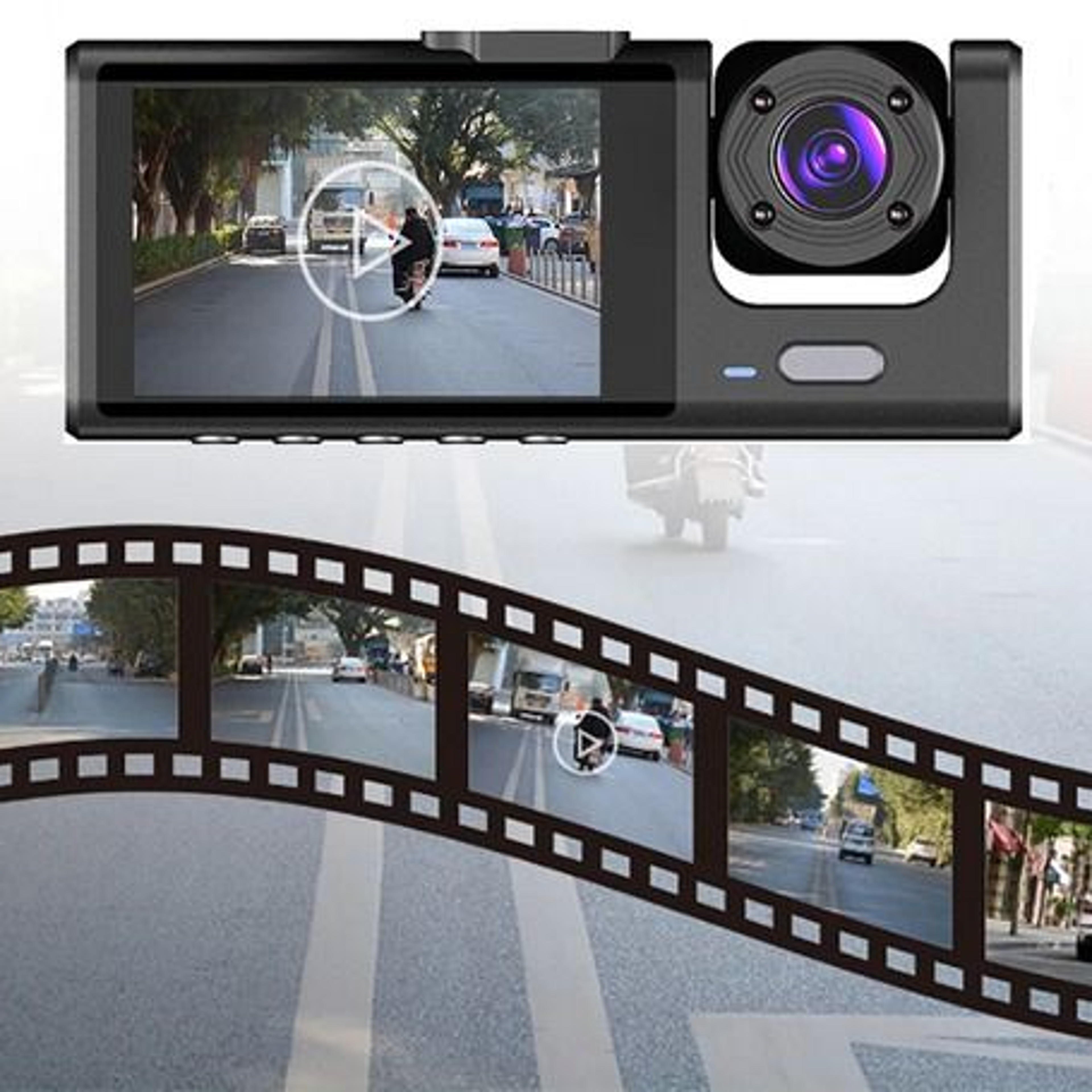 hd car dual lens dash cam, front/rear/inside video recorder, built-in g-sensor, night vision technology